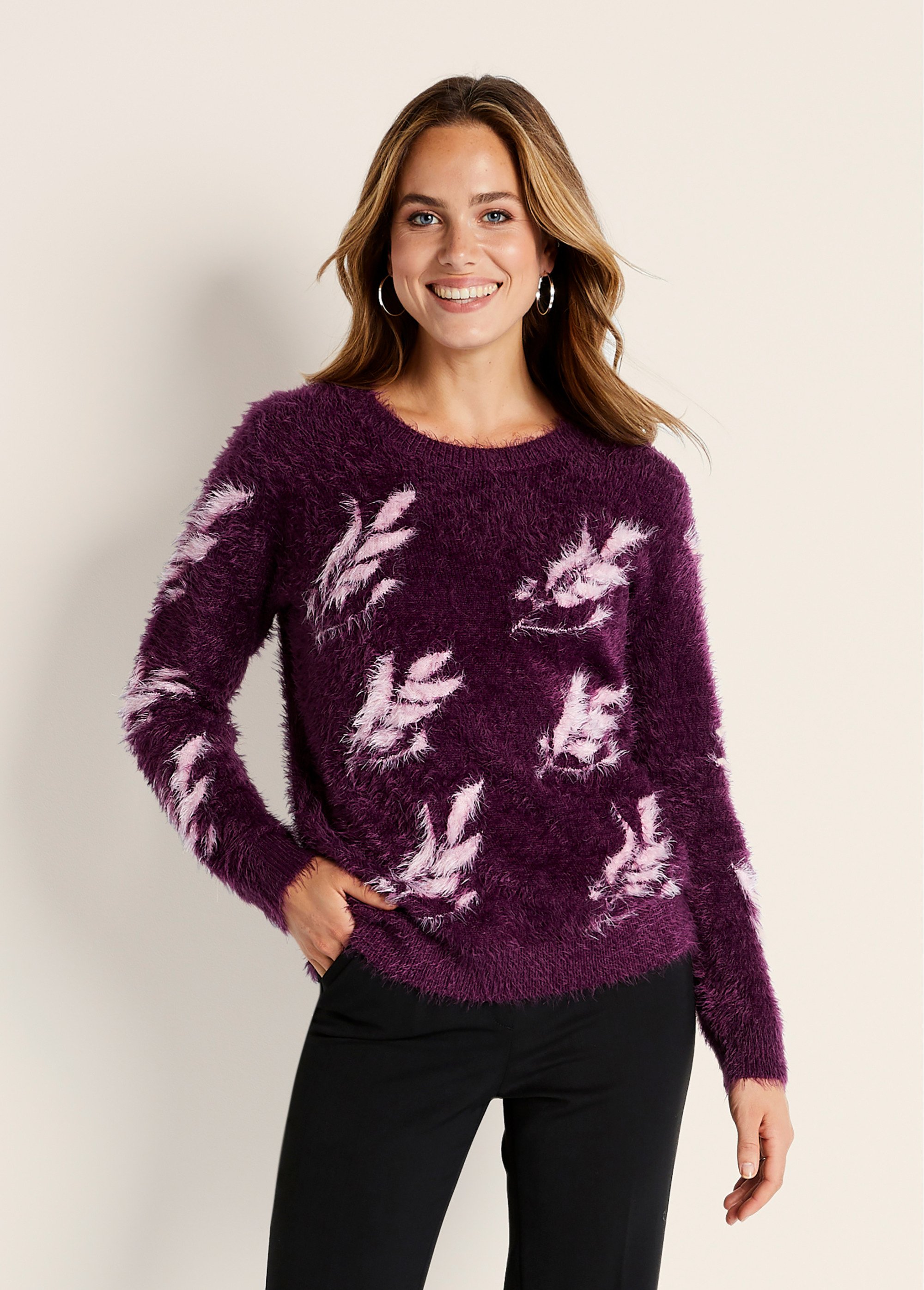 Pull jacquard maille poilue manches longues