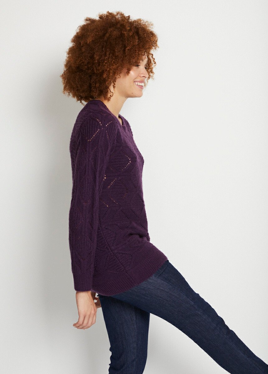 Pull tunique mi long uni col rond maille ajourée Femme Violet PADERN DR1