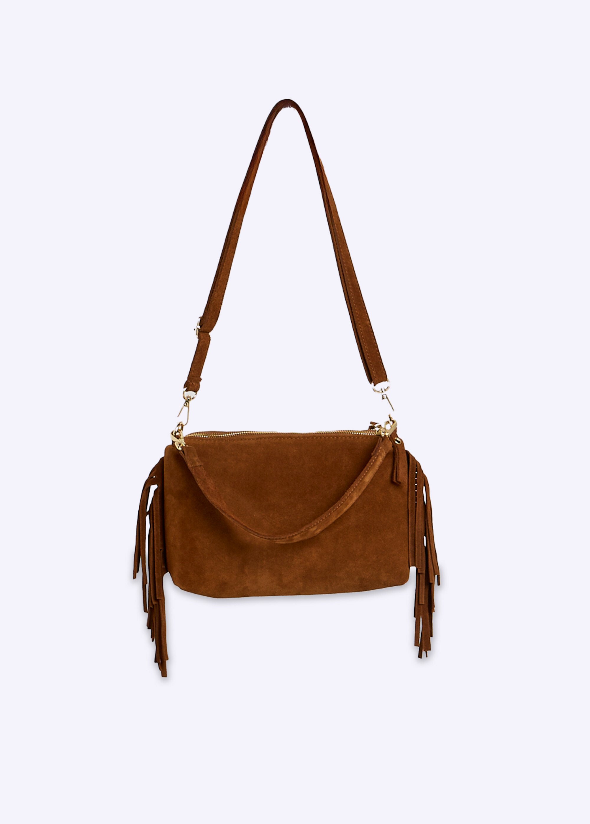 Sac besace frangé cuir nubuck