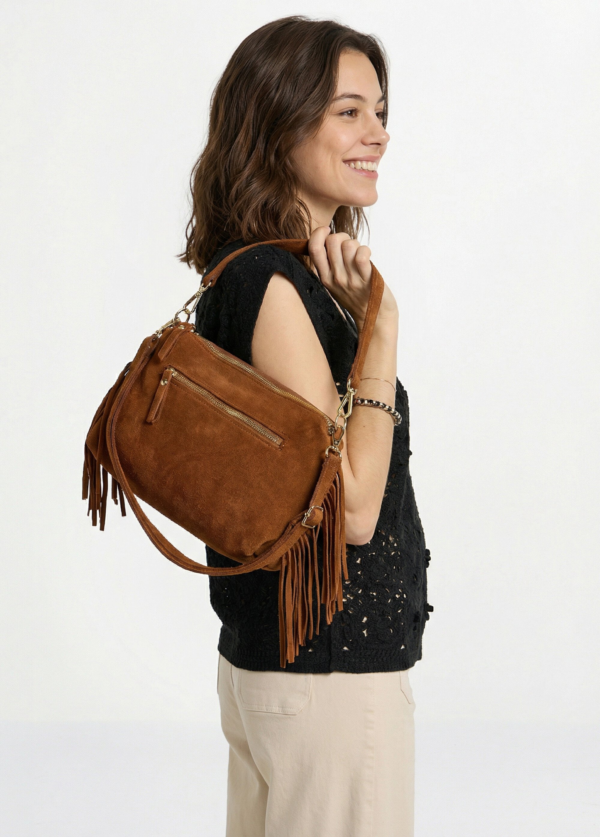 Sac besace frangé cuir nubuck Femme Marron UMINA SF1