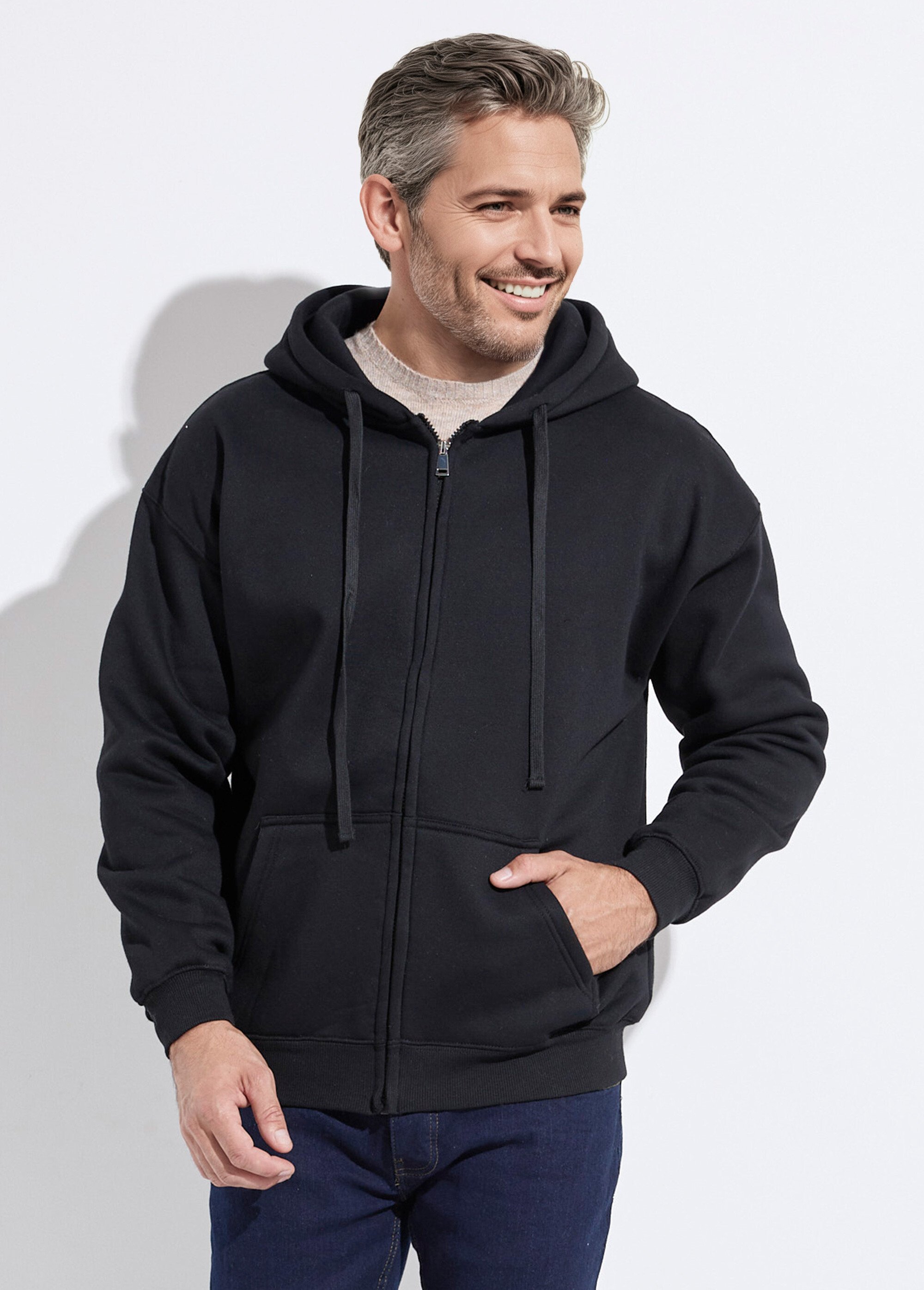 Sweat shirt zippé avec poche kangourou Noir MENZT1010 FA1
