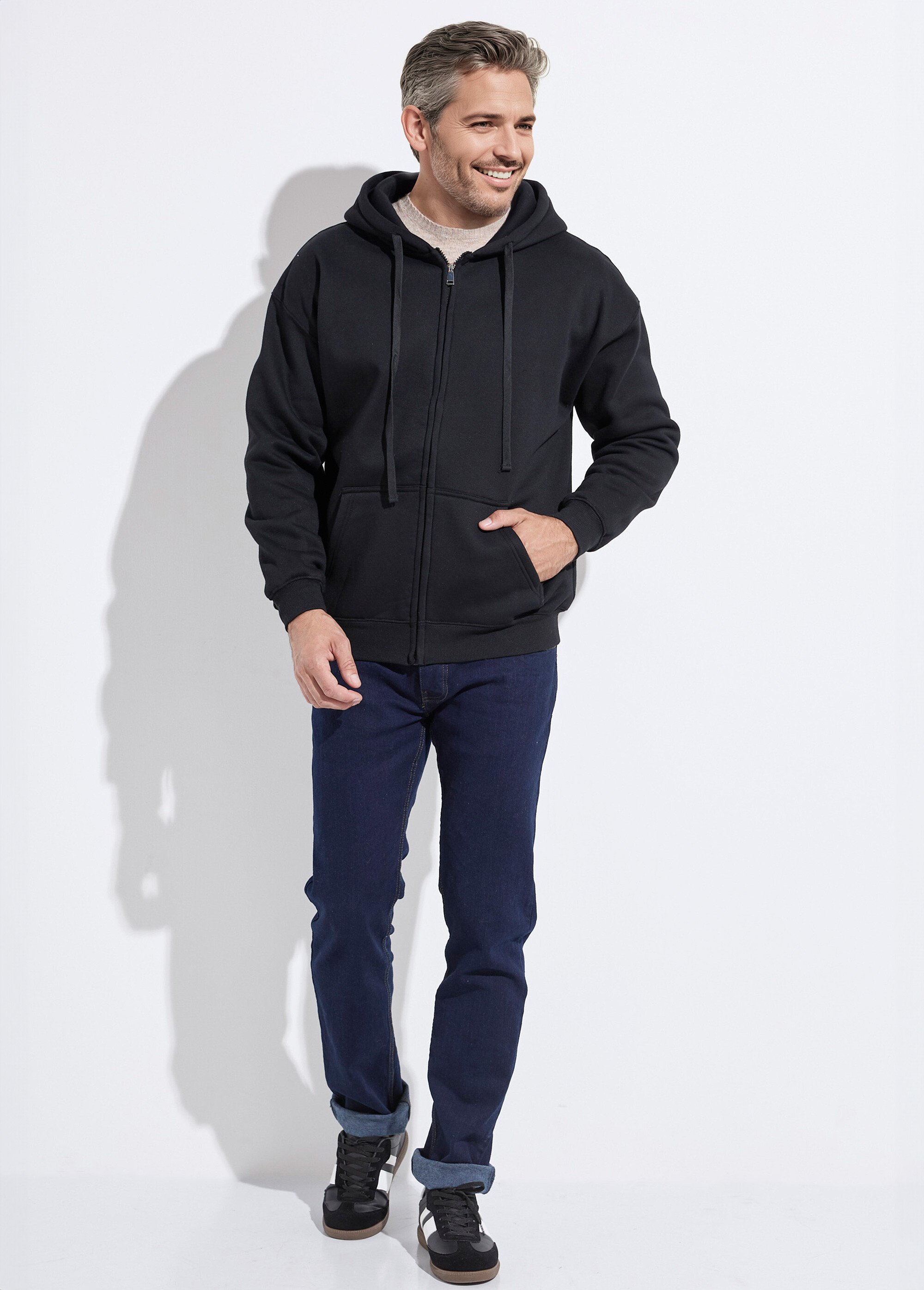 Sweat shirt zippé avec poche kangourou Noir MENZT1010 SF1