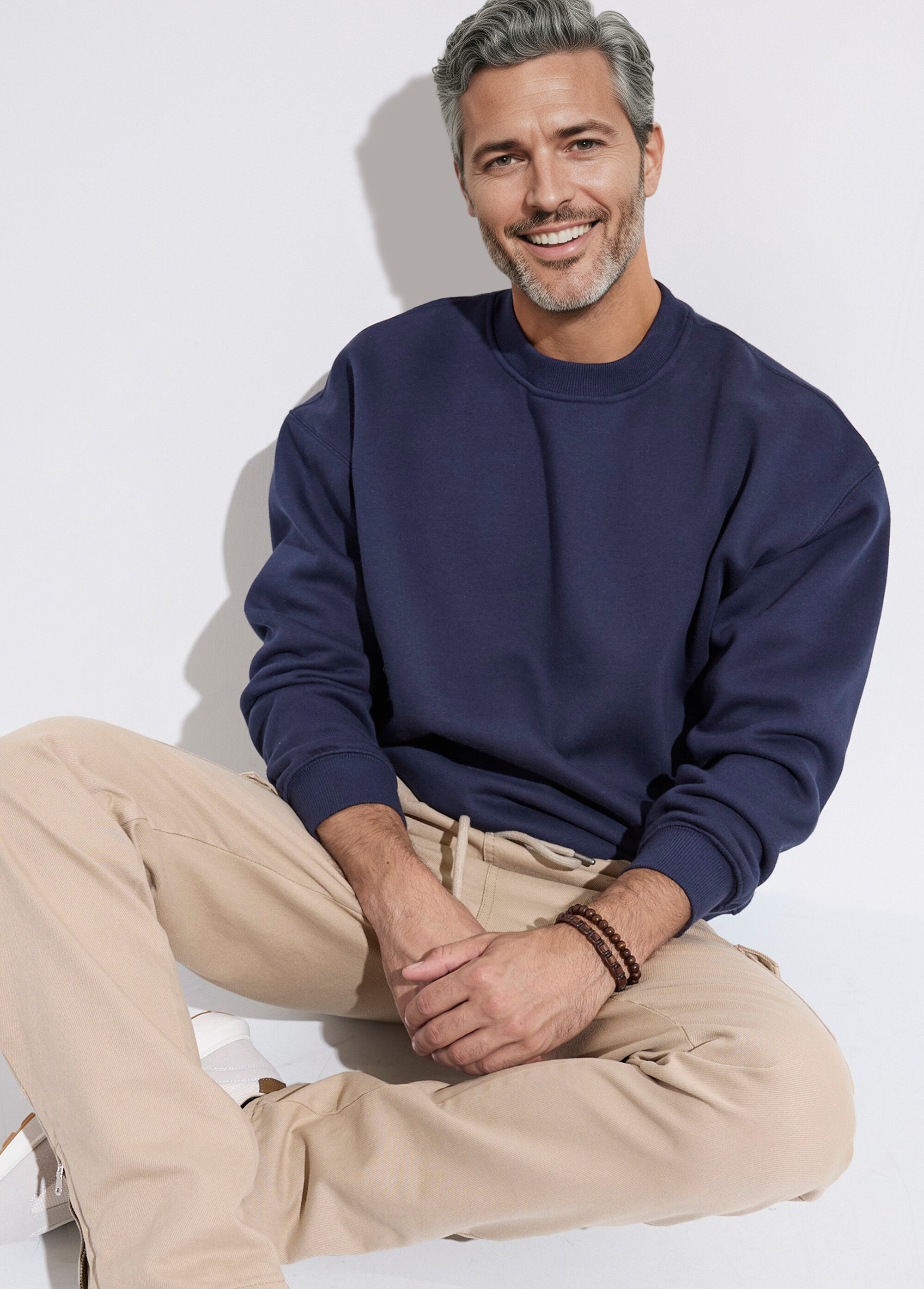 Sweat shirt col rond, détails bord cotes Bleu MENZT1009 MV1