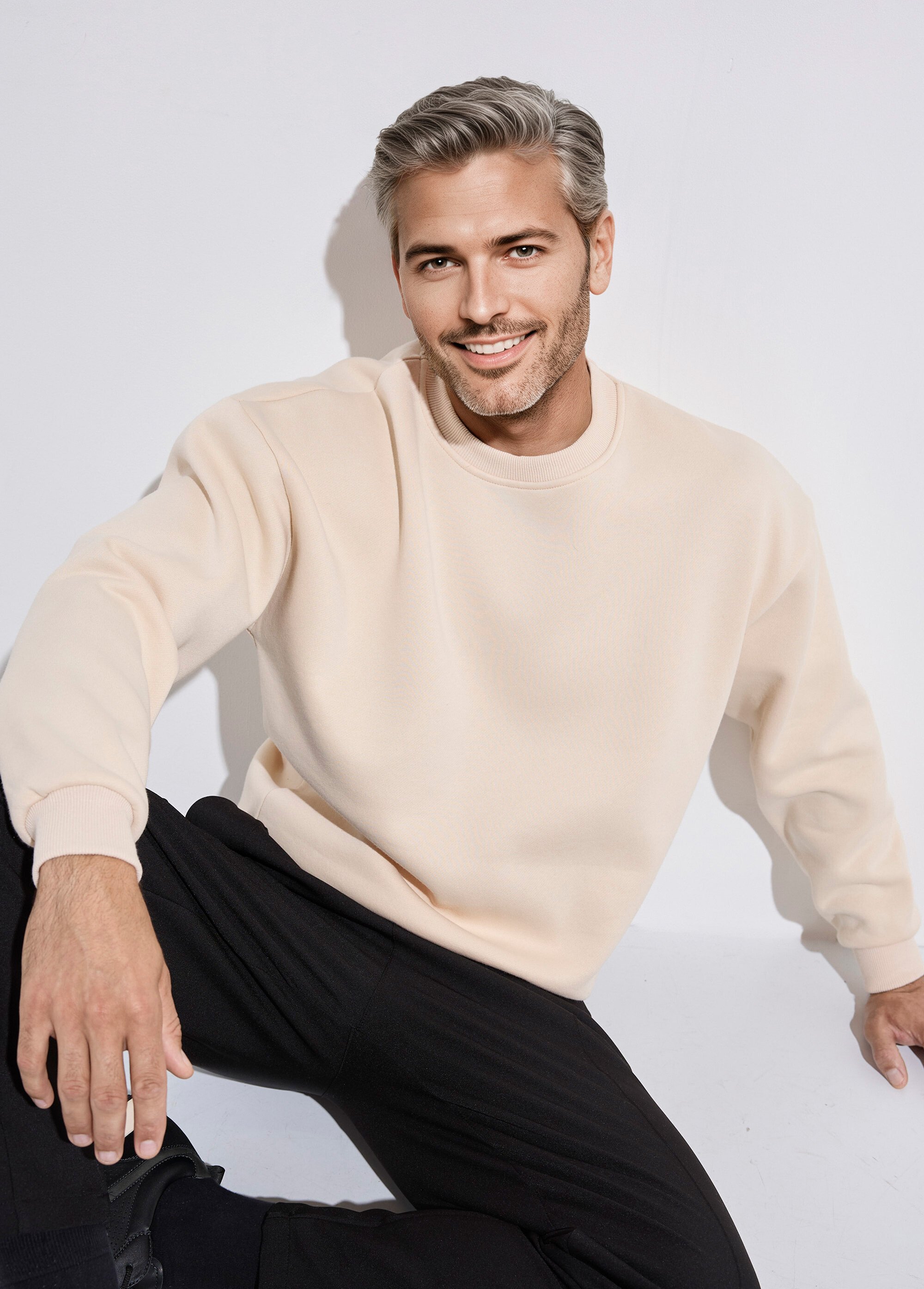 Sweat shirt col rond, détails bord cotes Beige MENZT1009 MV1