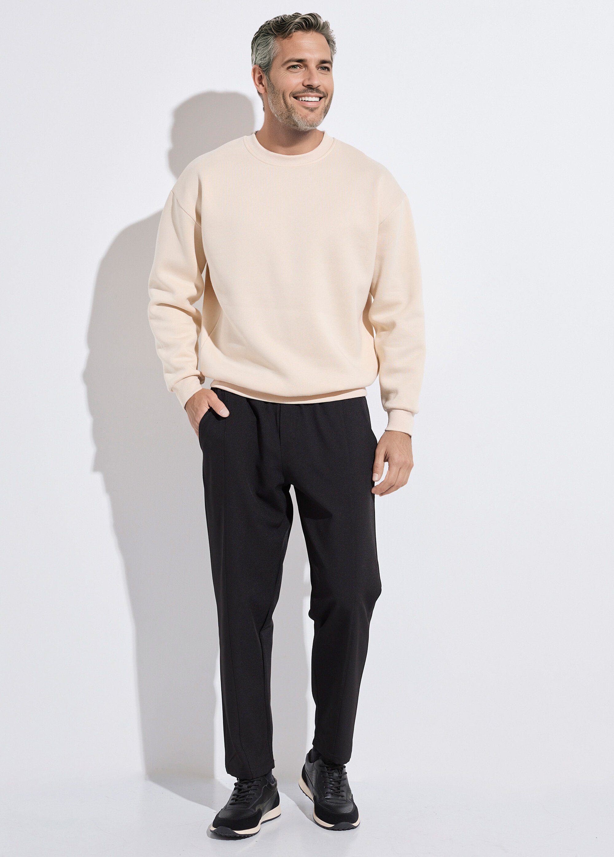 Sweat shirt col rond, détails bord cotes Beige MENZT1009 SF1