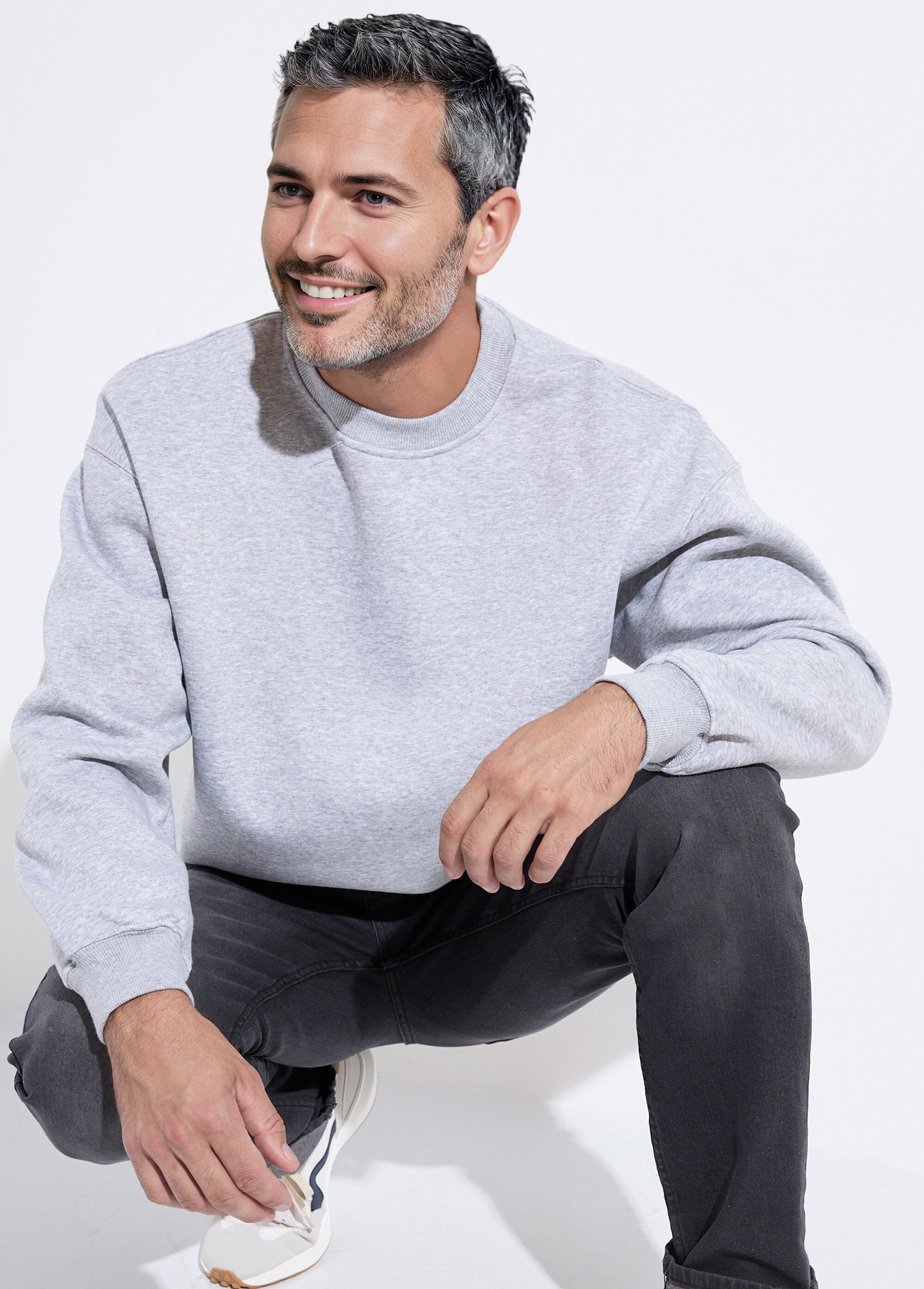 Sweat shirt col rond, détails bord cotes Gris MENZT1009 MV1