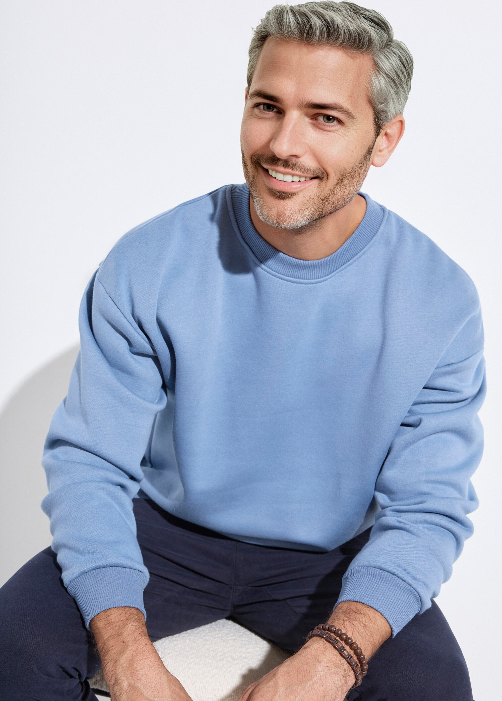 Sweat shirt col rond, détails bord cotes Bleu MENZT1009 MV1
