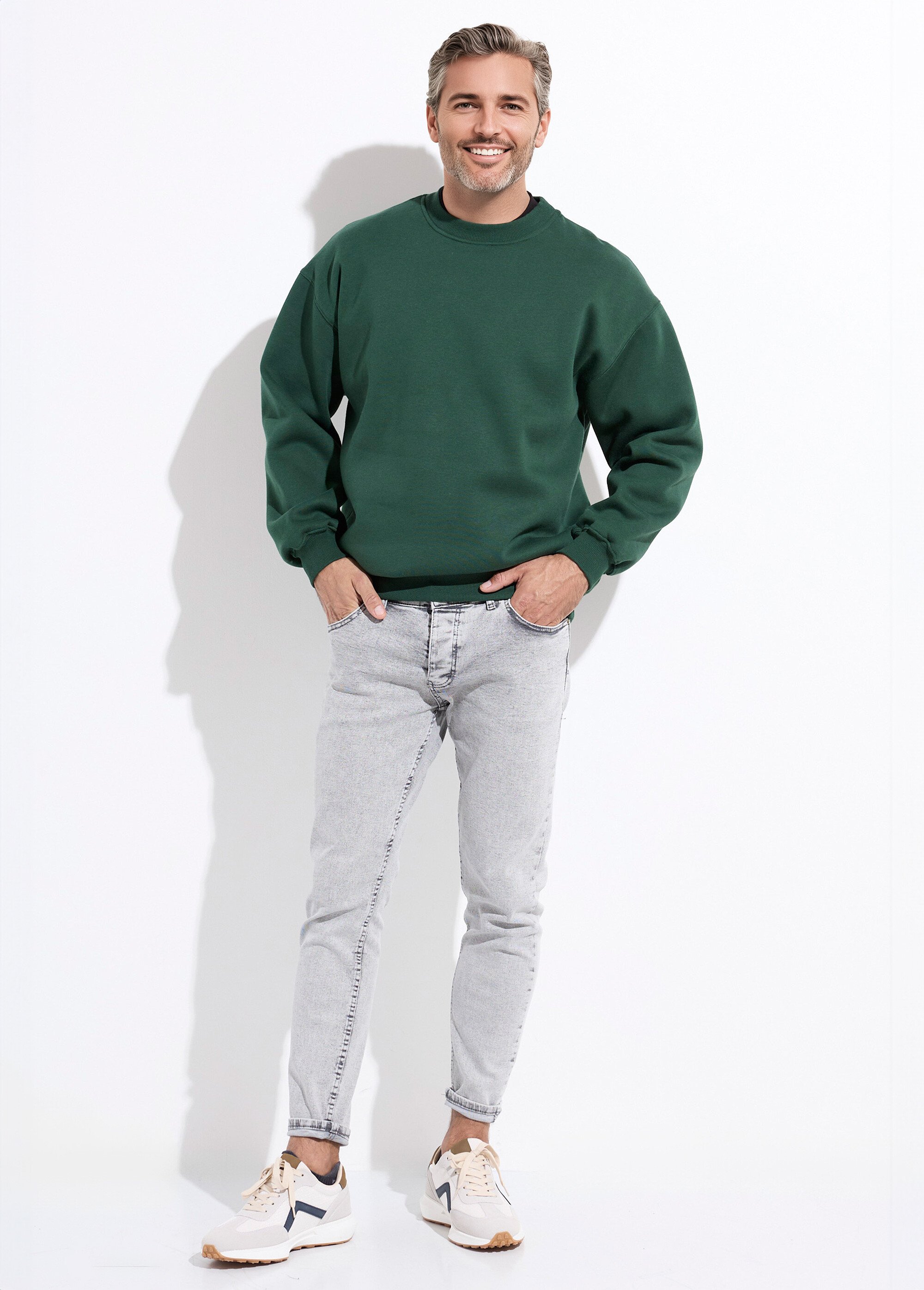 Sweat shirt col rond, détails bord cotes Vert MENZT1009 SF1