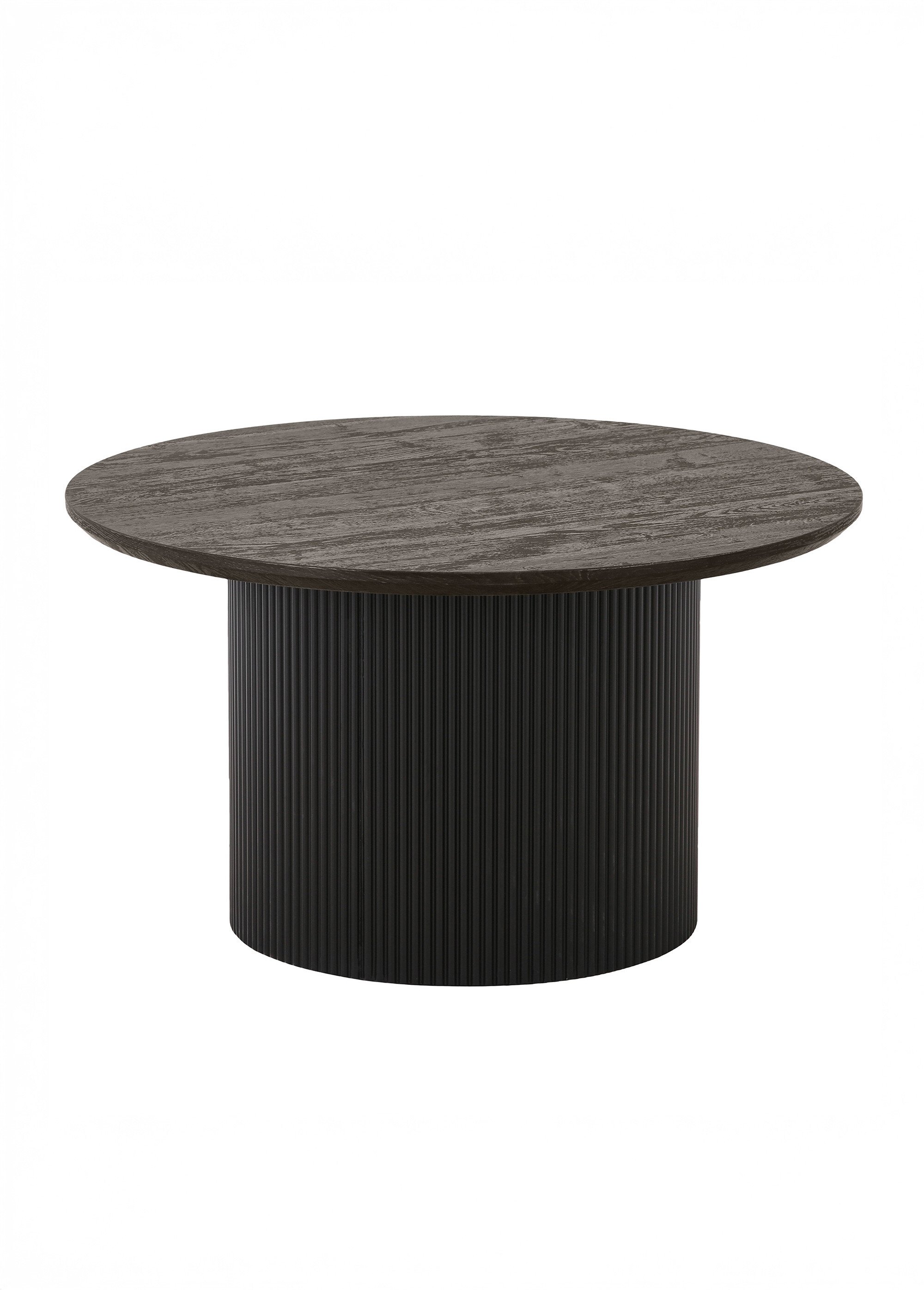 Table basse aspect bois, pied rainuré