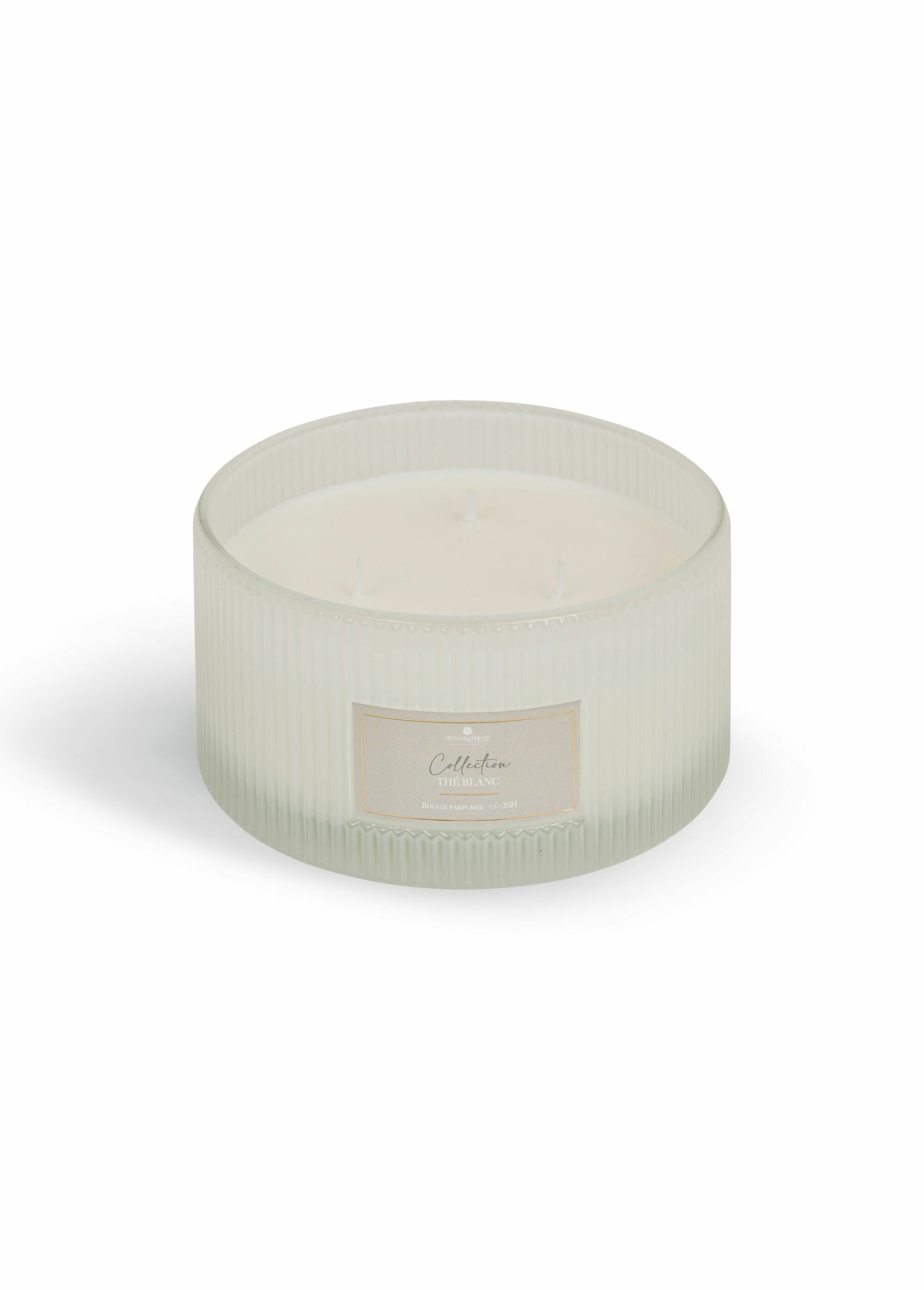 Bougie 3 mèches Albie, en verre strié Blanc JJA-211727 FA1