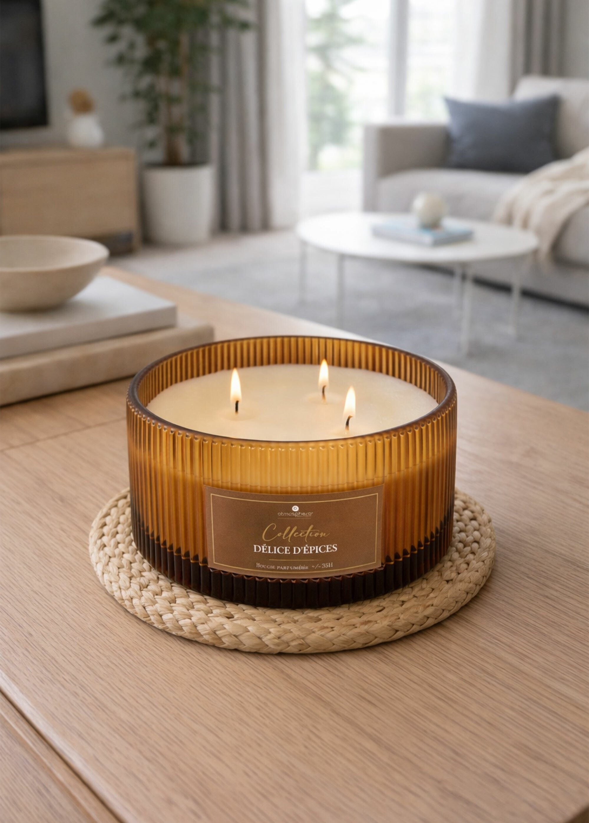 Bougie 3 mèches Albie, en verre strié Orange JJA-211727 SI1