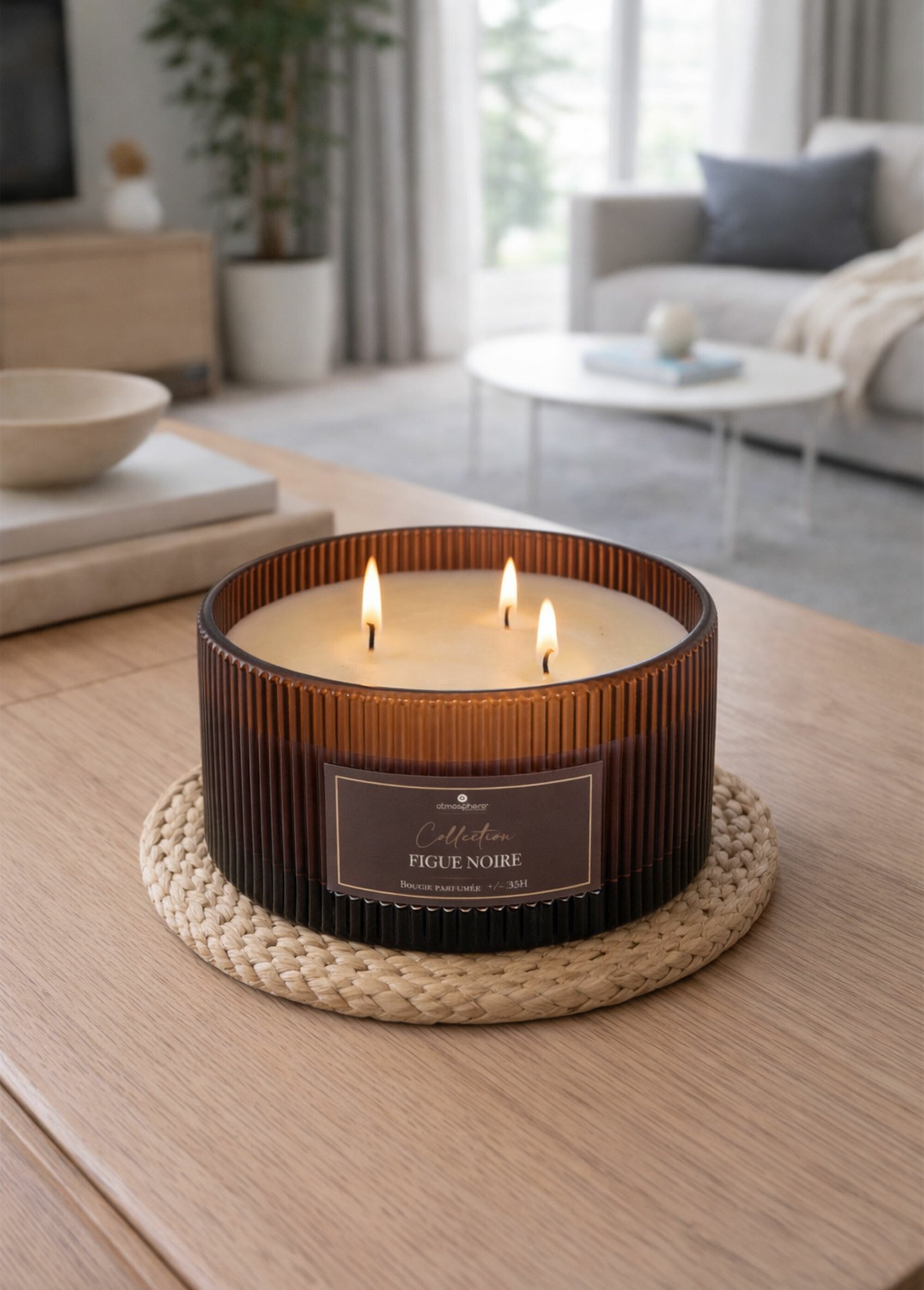 Bougie 3 mèches Albie, en verre strié Rose JJA-211727 SI1