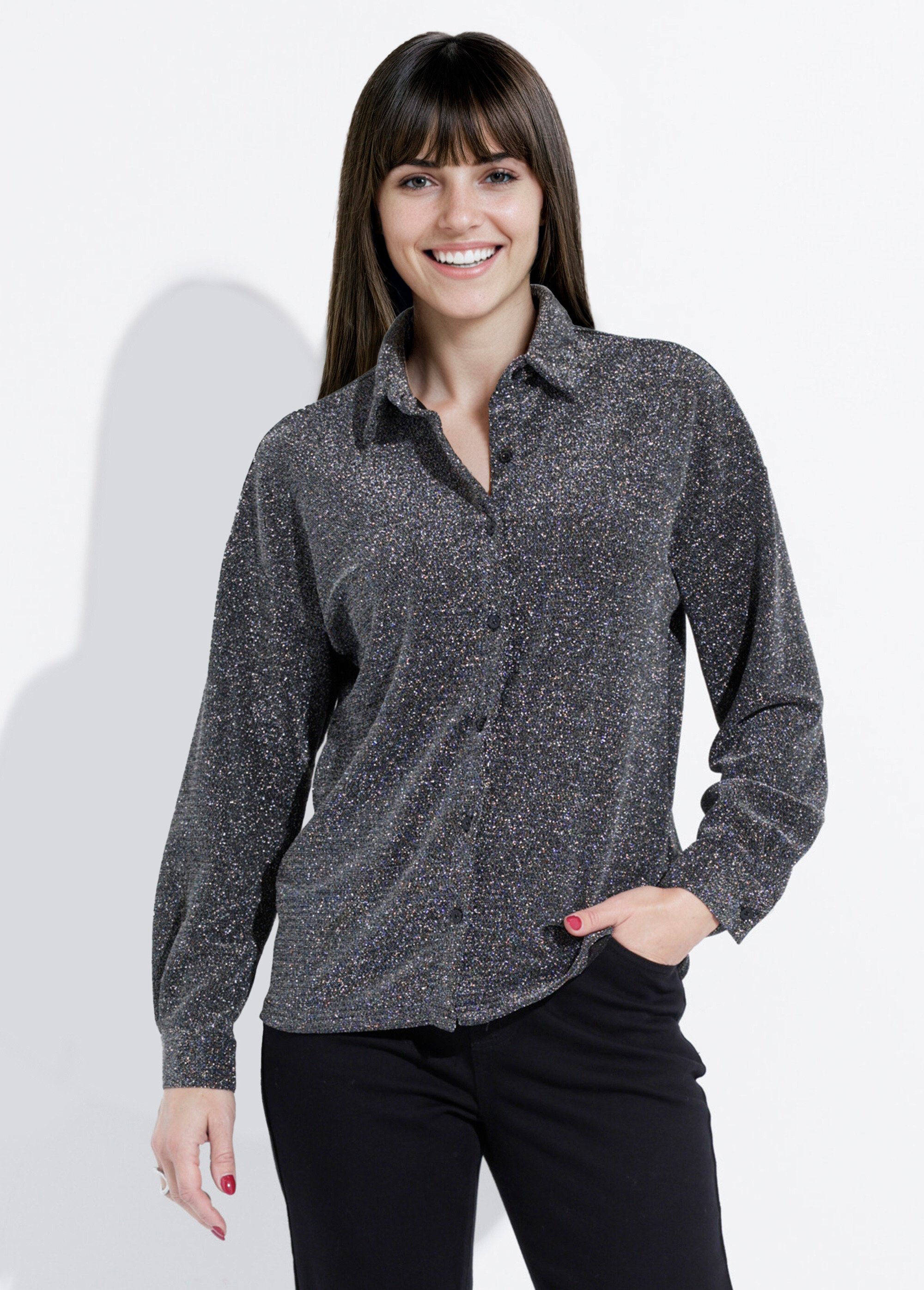Chemisier manches longues effet pailleté Femme Argenté IA-D559 FA1