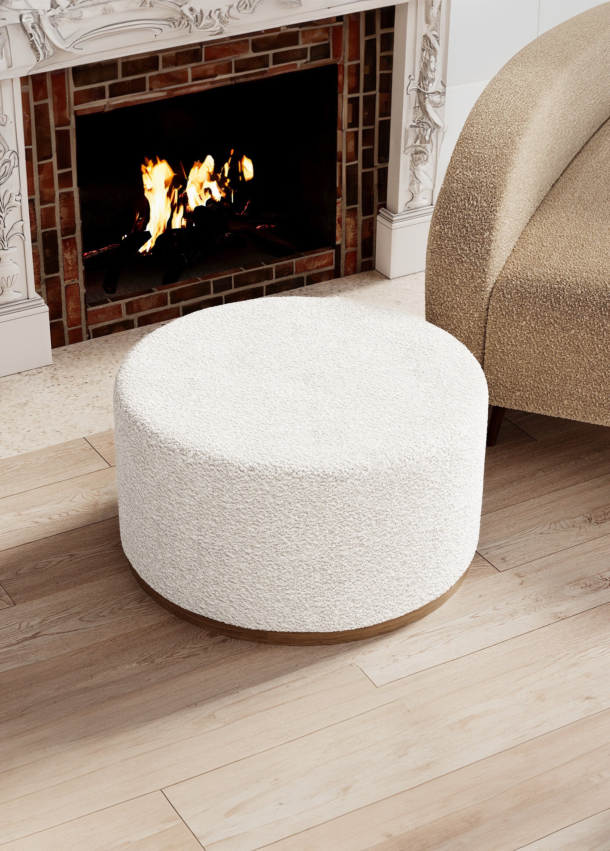 Grand pouf rond en bouclette, base bois BLANC POT-VICTOR SF1
