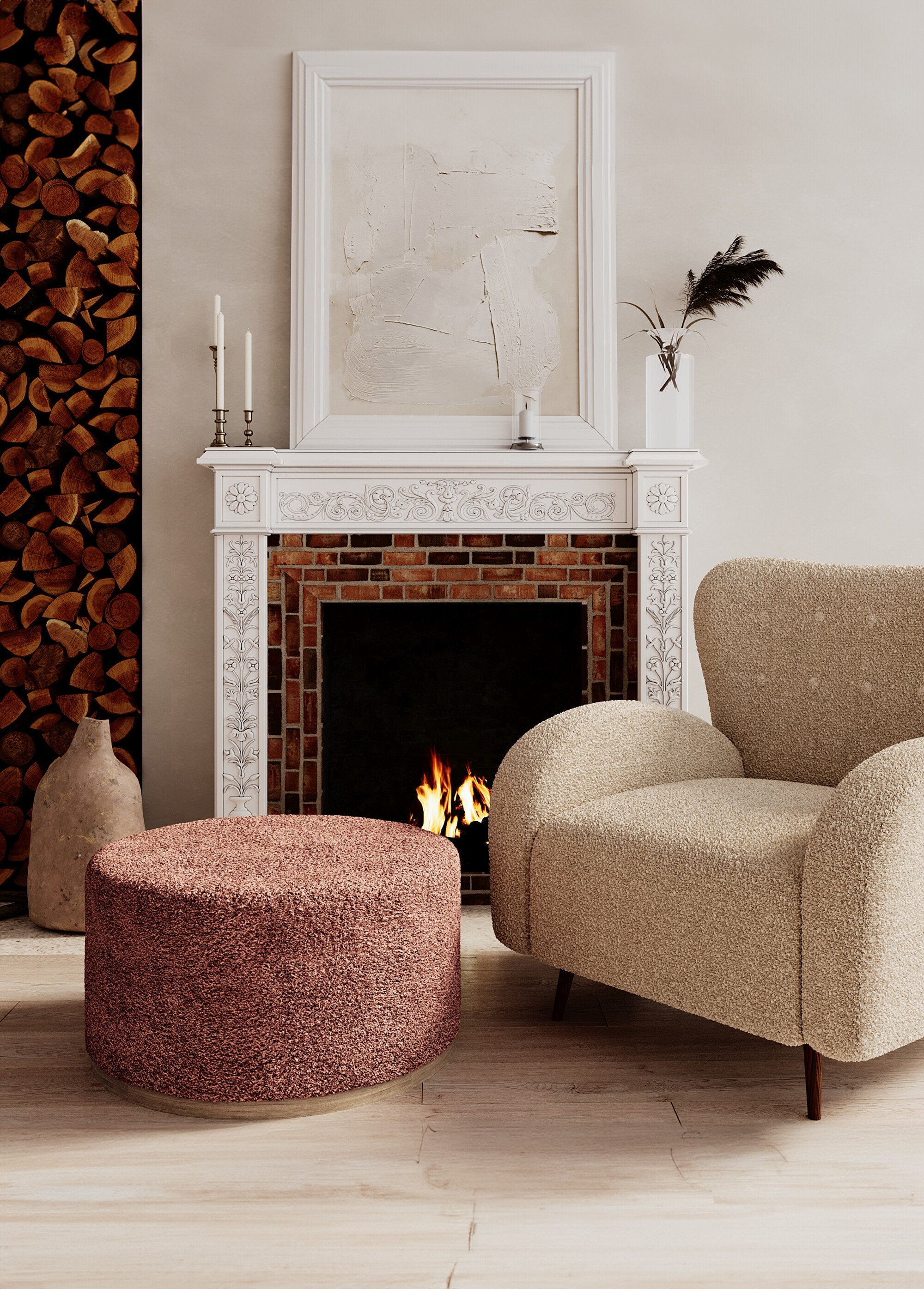 Grand pouf rond en bouclette, base bois ROSE POT-VICTOR SF1