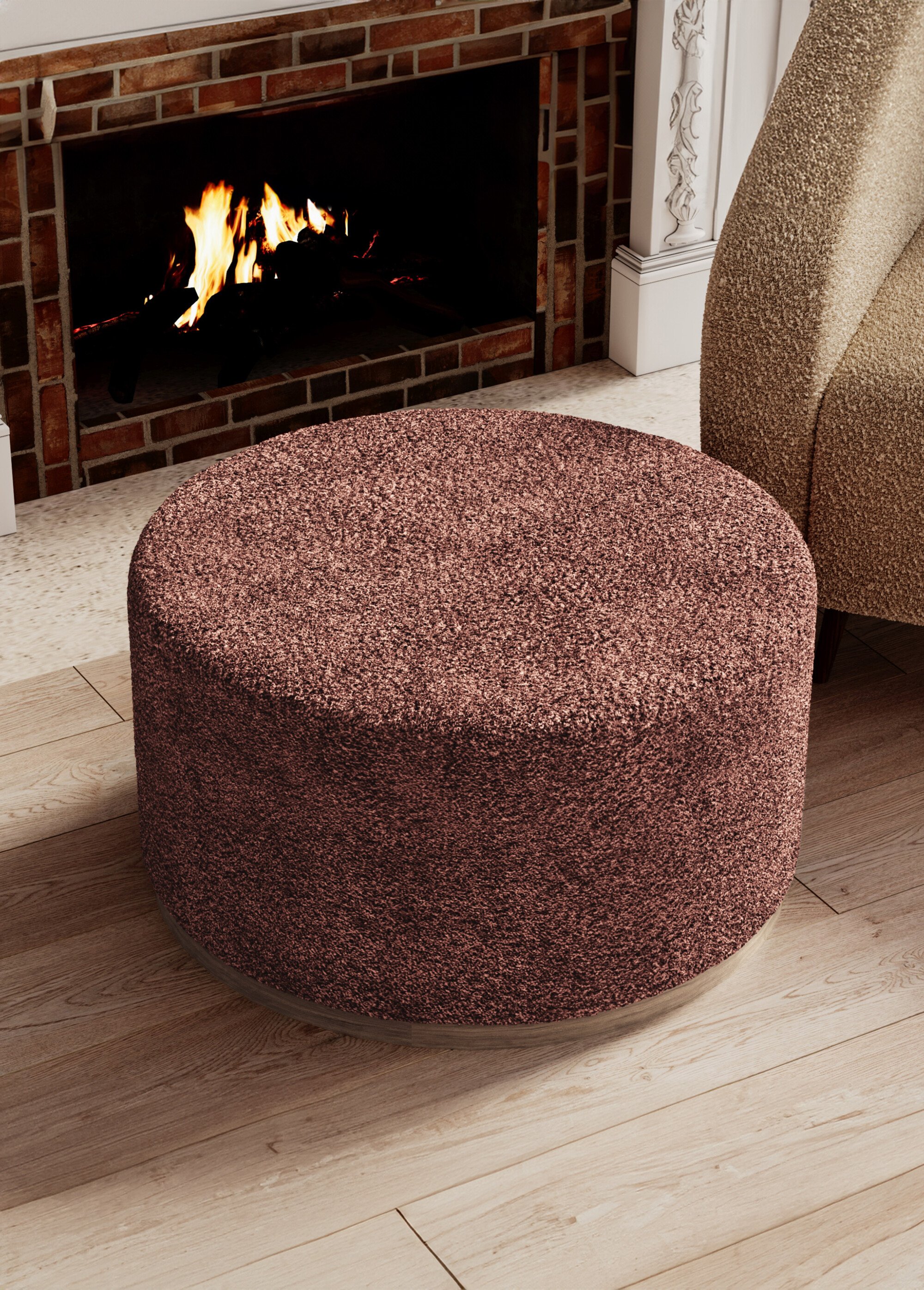 Grand pouf rond en bouclette, base bois ROSE POT-VICTOR SF2