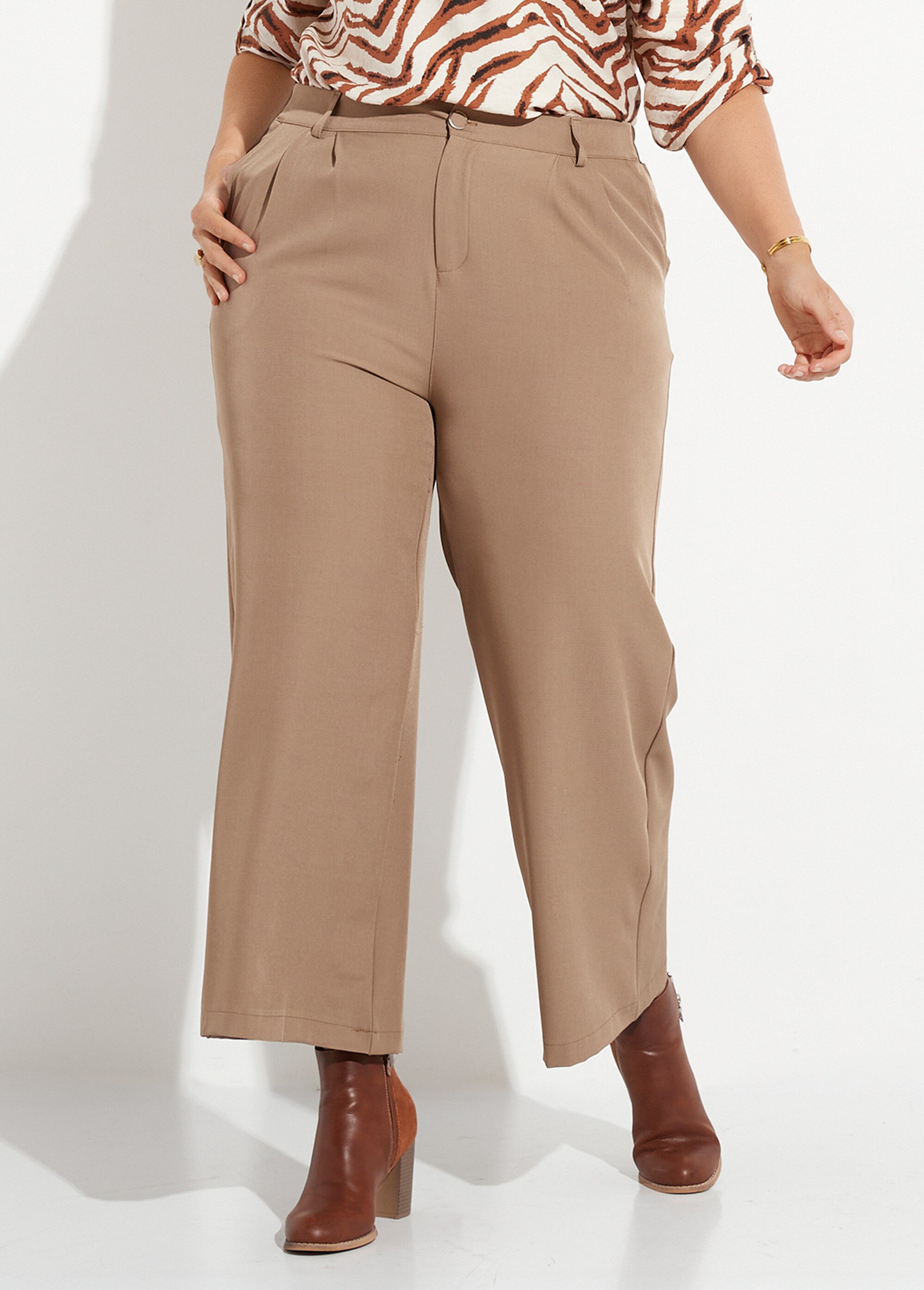 Pantalon en twill léger coupe large Femme Grande Taille Beige CHY-AB026 FA1