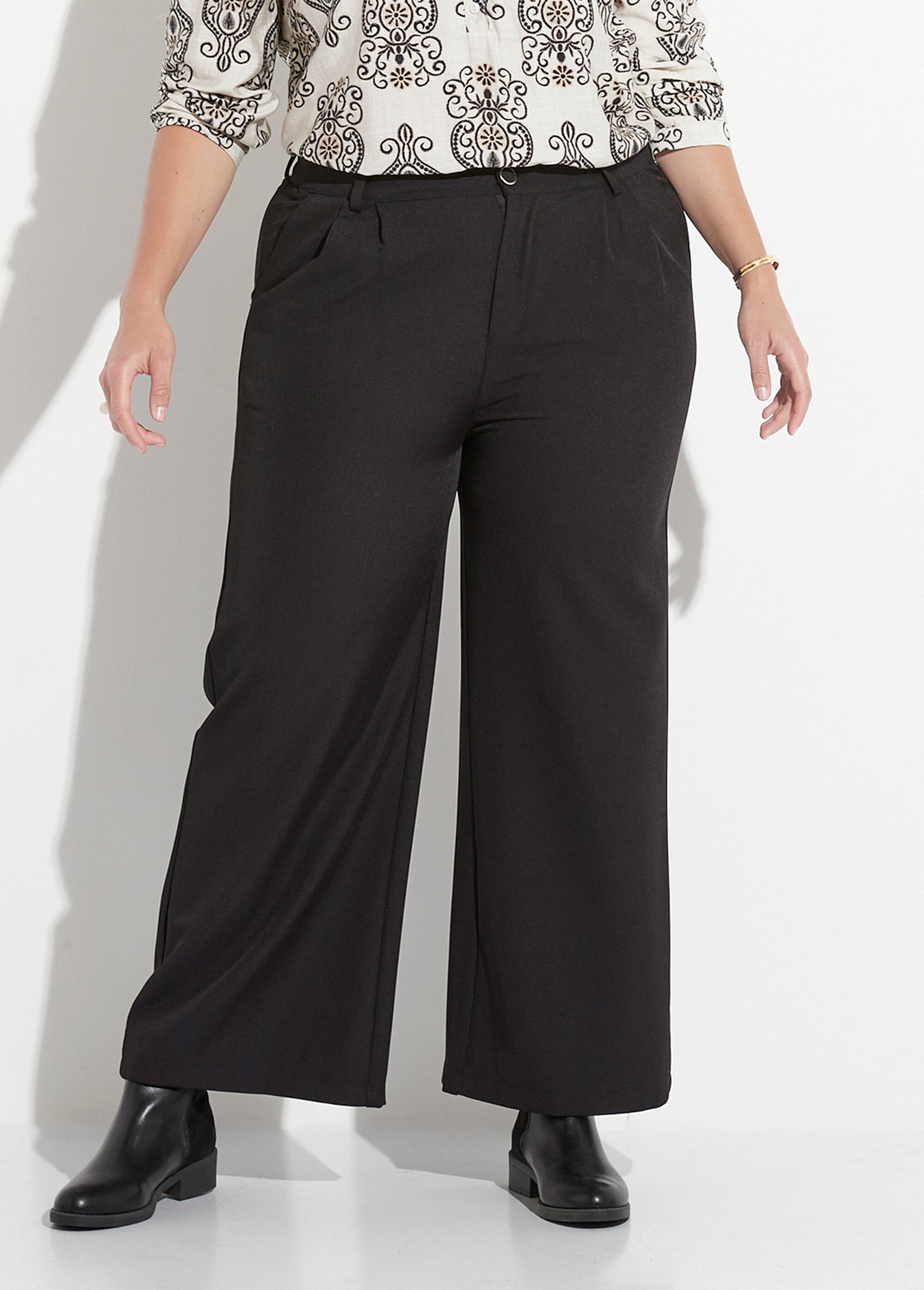 Pantalon en twill léger coupe large Femme Grande Taille Noir CHY-AB026 FA1