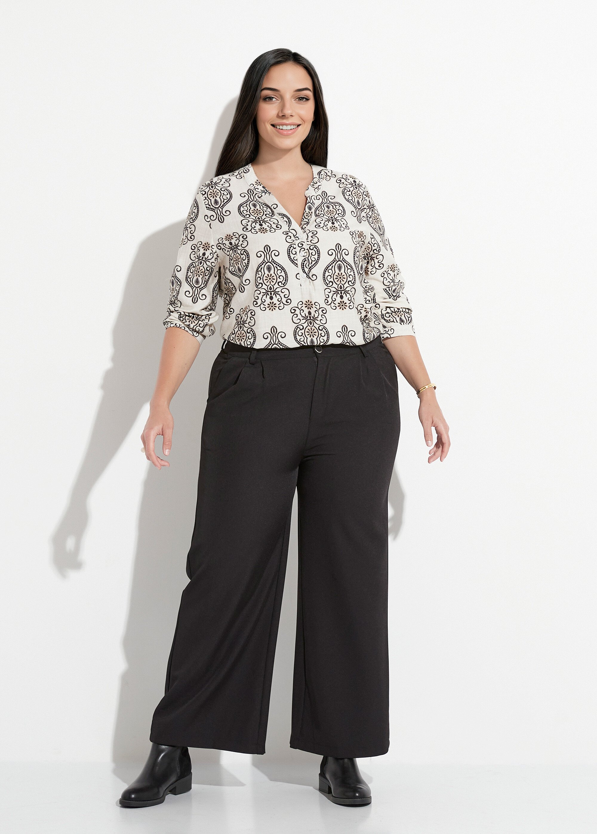 Pantalon en twill léger coupe large Femme Grande Taille Noir CHY-AB026 SF1