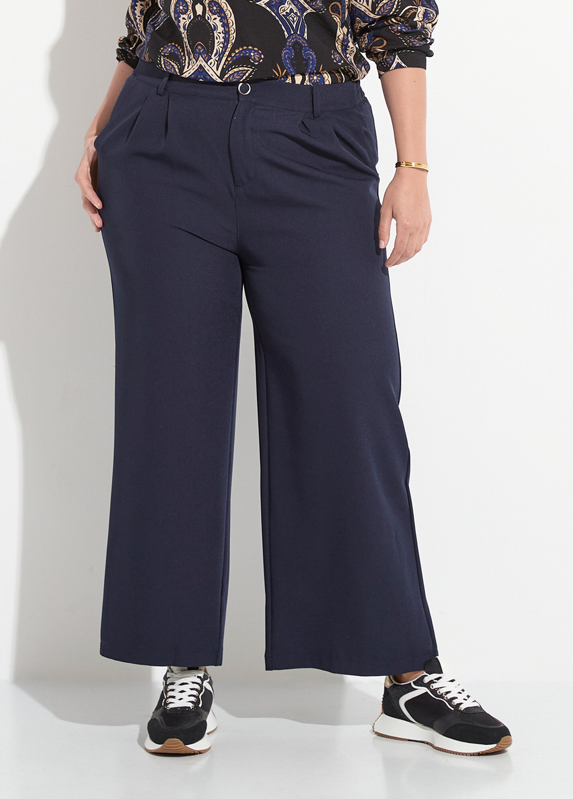 Pantalon en twill léger coupe large Femme Grande Taille Bleu CHY-AB026 FA1