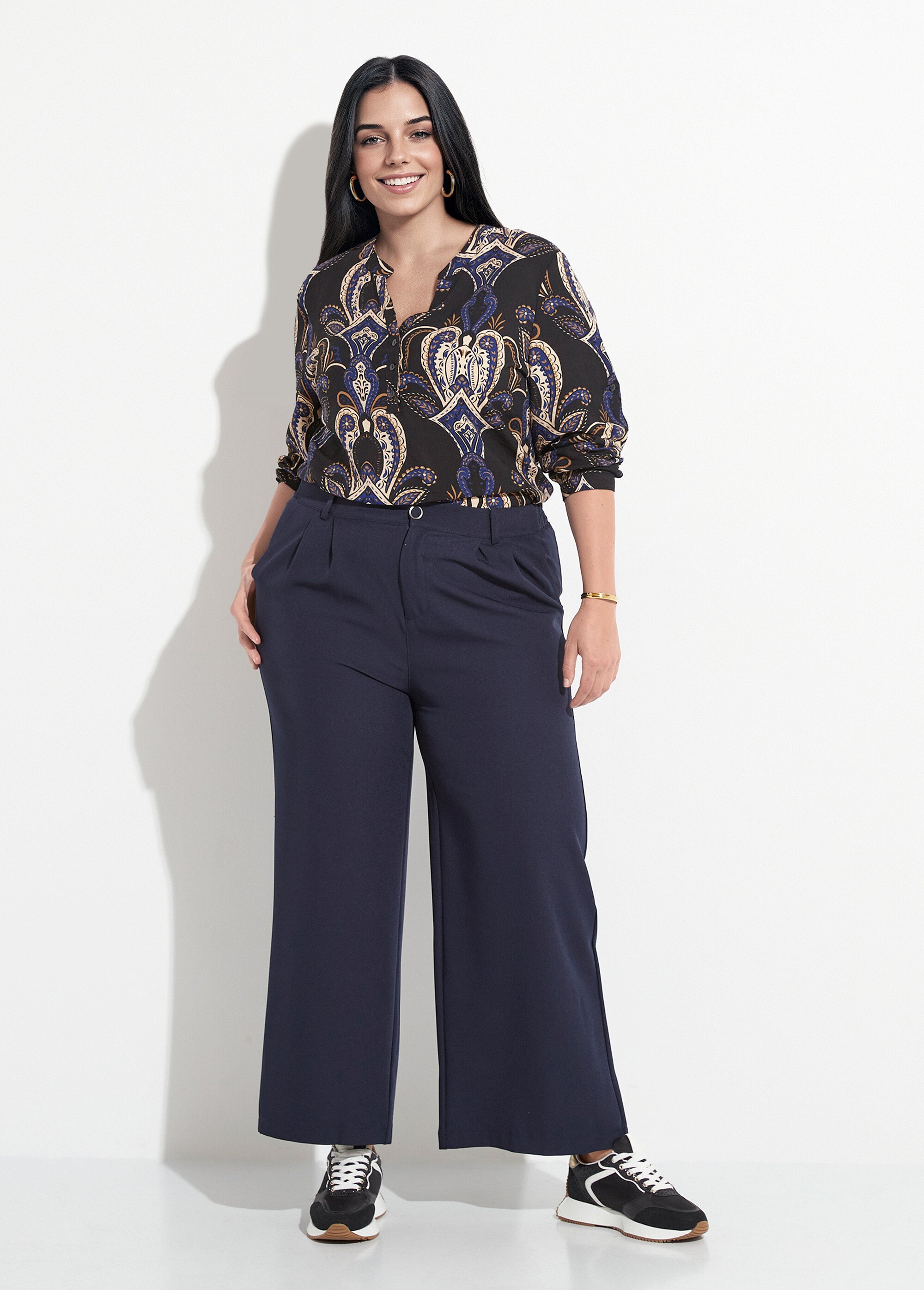Pantalon en twill léger coupe large Femme Grande Taille Bleu CHY-AB026 SF1