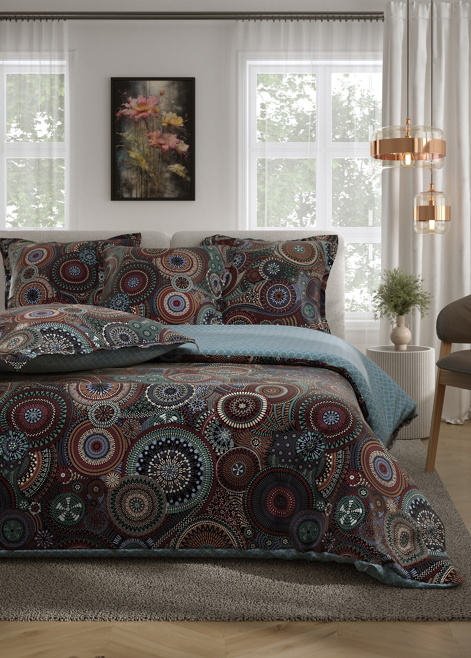 Parure de lit 3 pièces percale avec housse de couette, rosaces