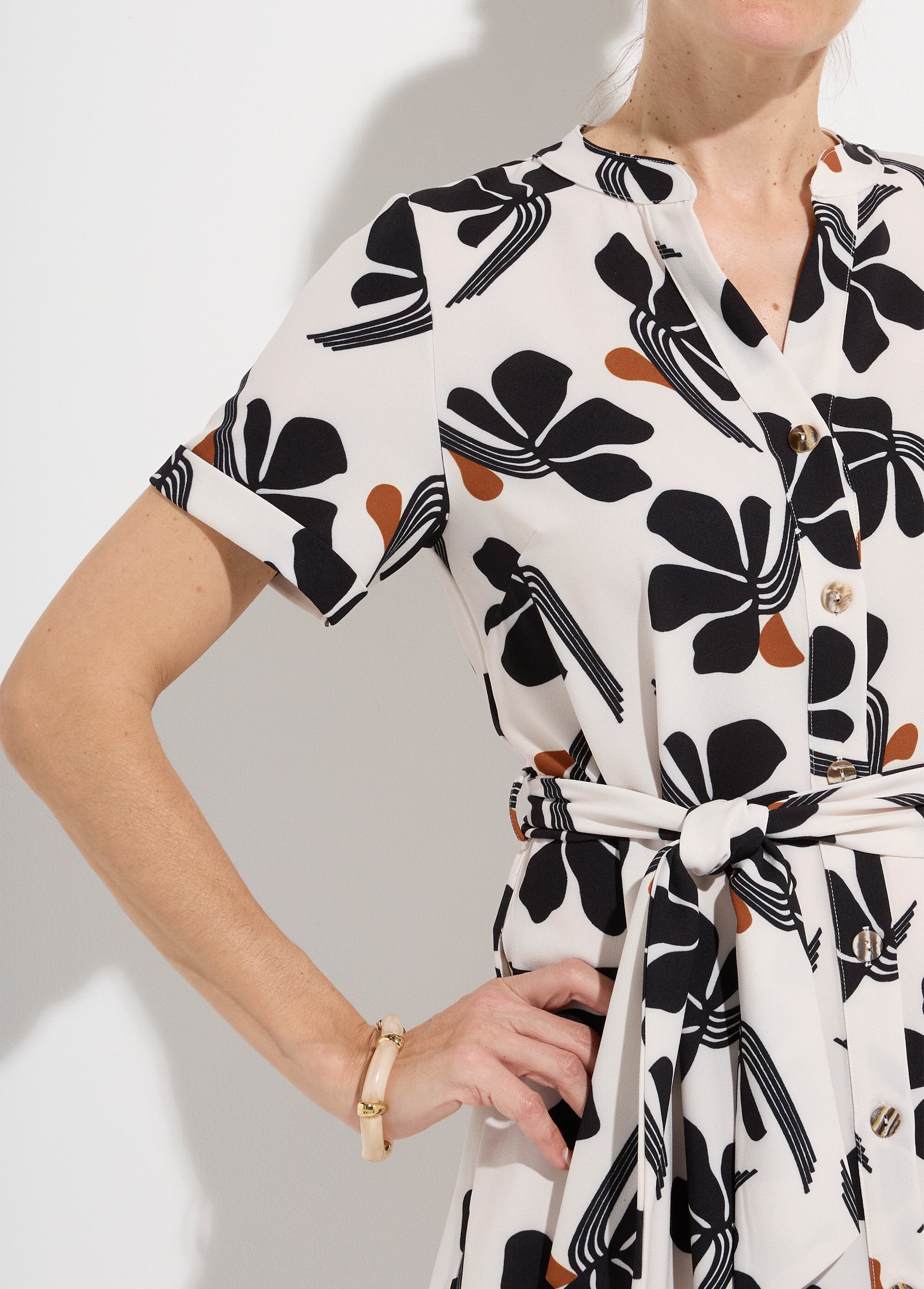 Robe-chemisier mi-longue ceinturée imprimée Femme Blanc EVOYA DE1