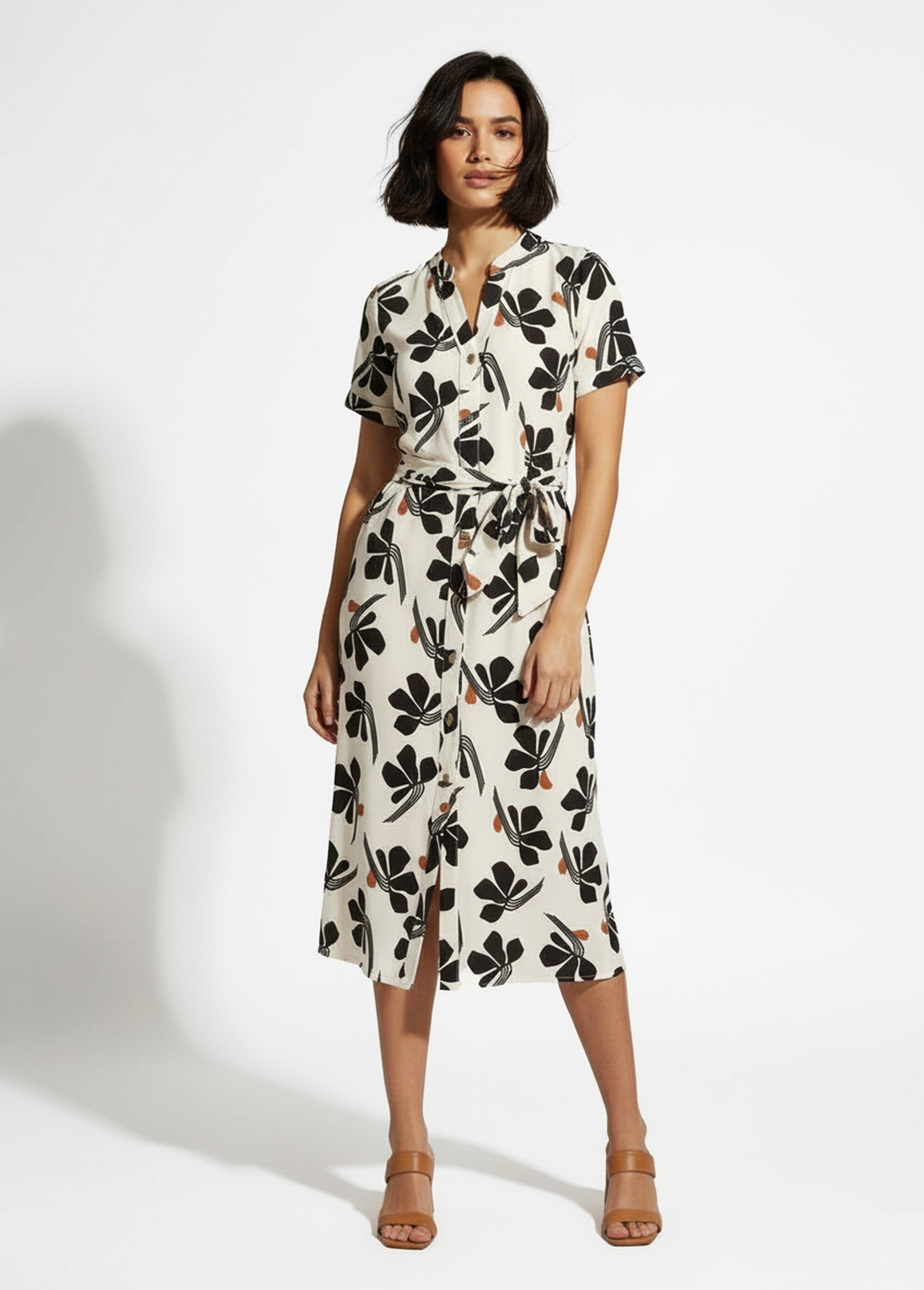 Robe-chemisier mi-longue ceinturée imprimée Femme Blanc EVOYA FA1