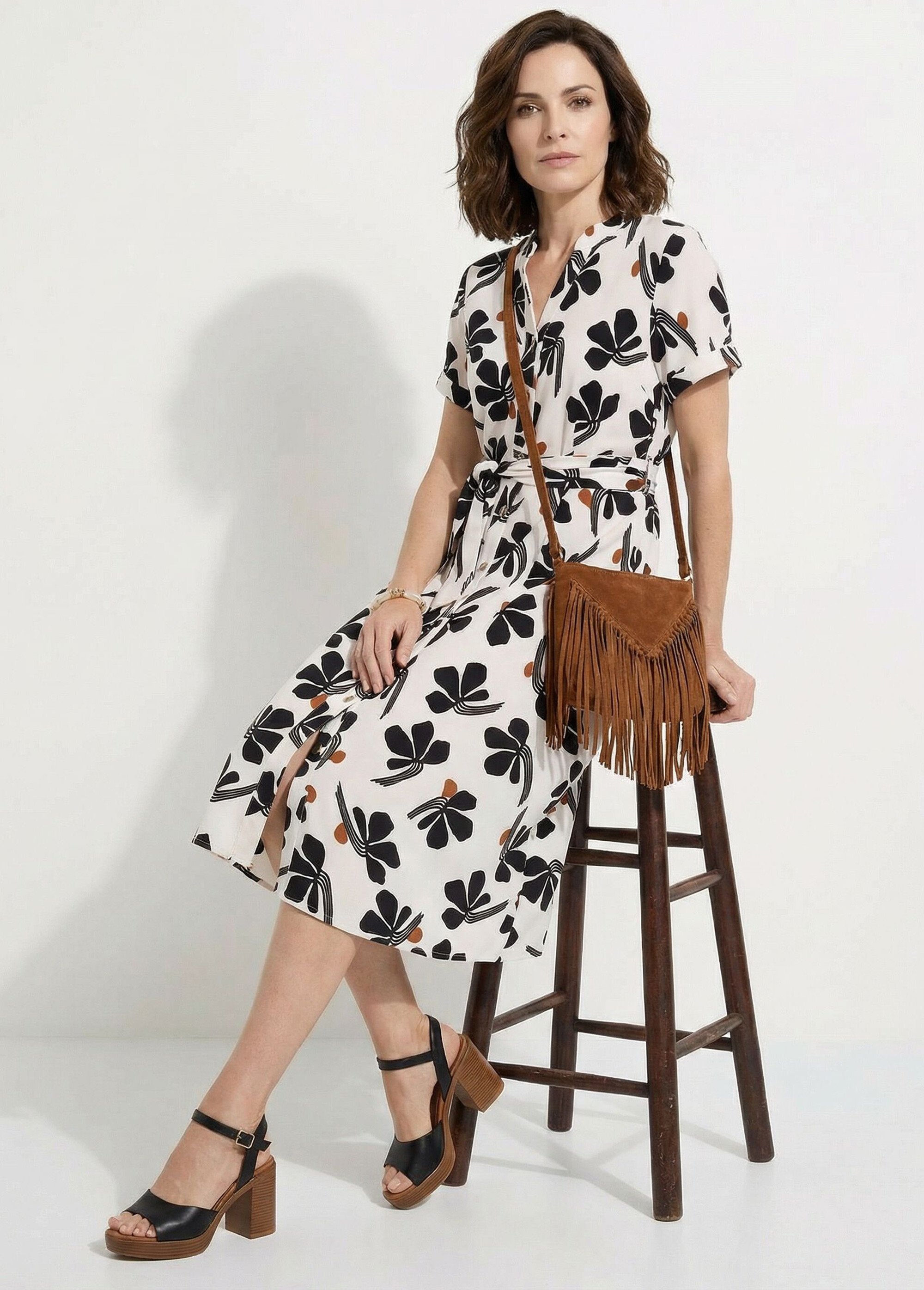 Robe-chemisier mi-longue ceinturée imprimée Femme Blanc EVOYA MV1