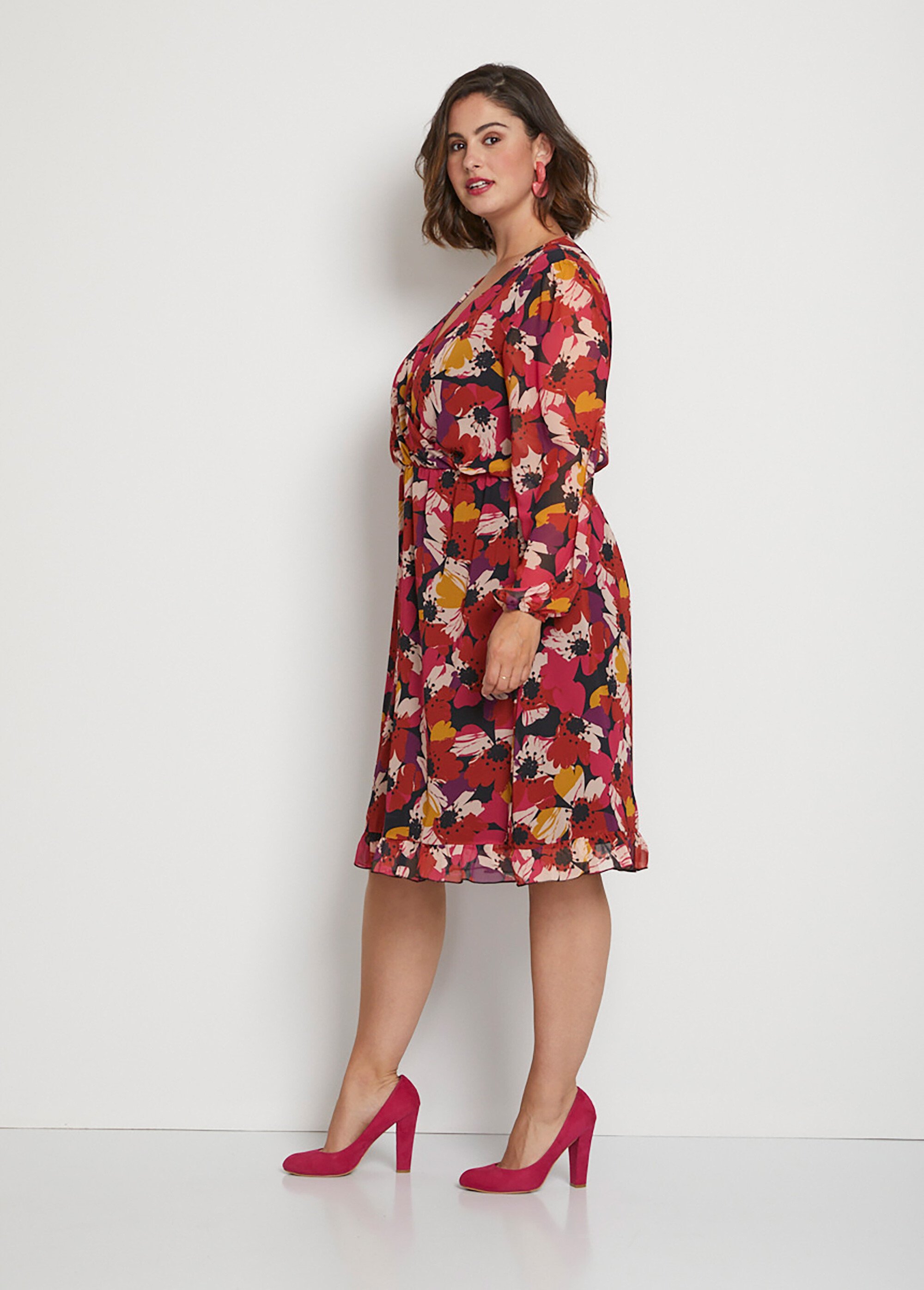 Robe effet cache-coeur voile imprimé floral Femme Grande Taille Rouge HAUSSY DR1