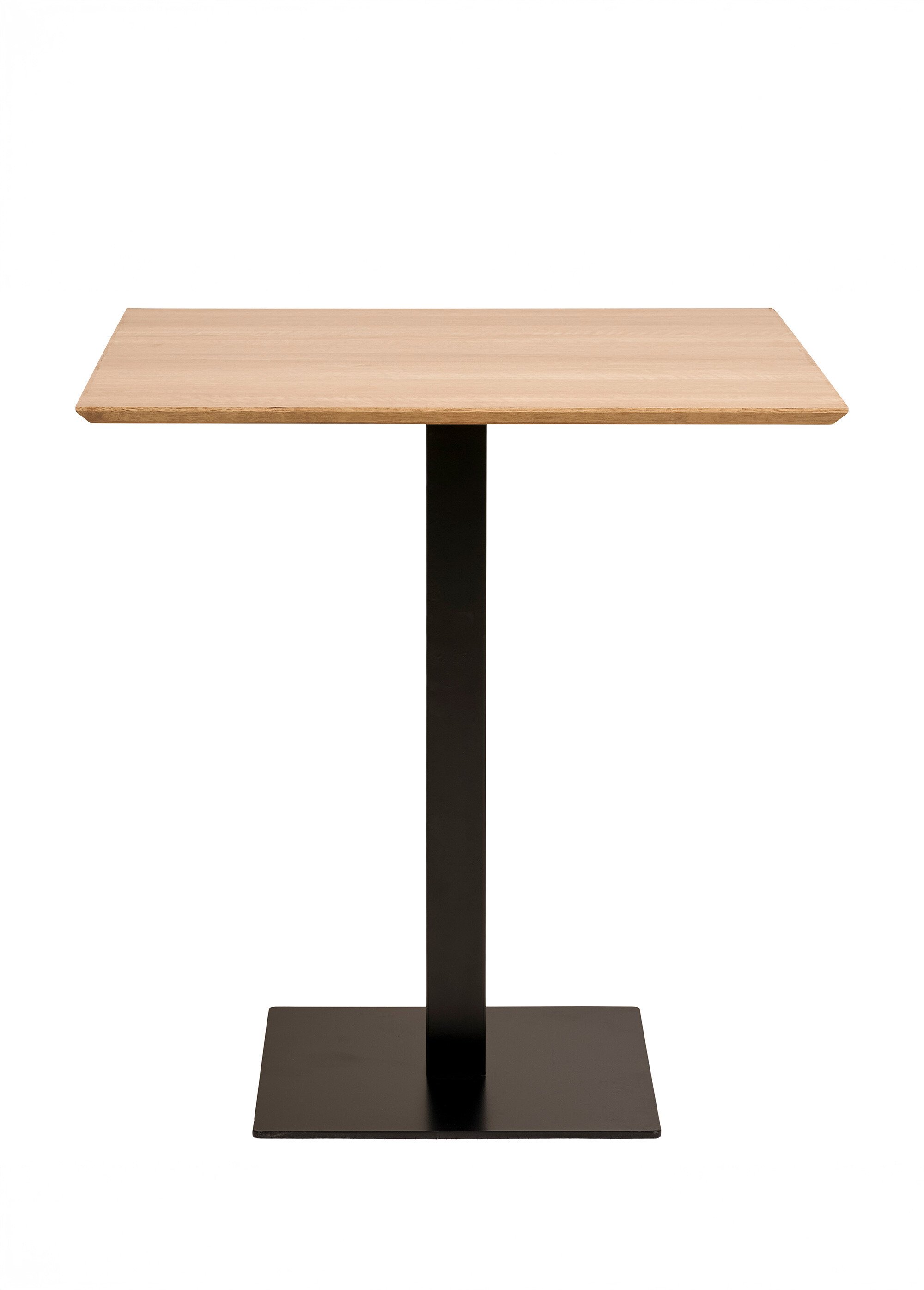 Table carrée type bois clair, pied acier