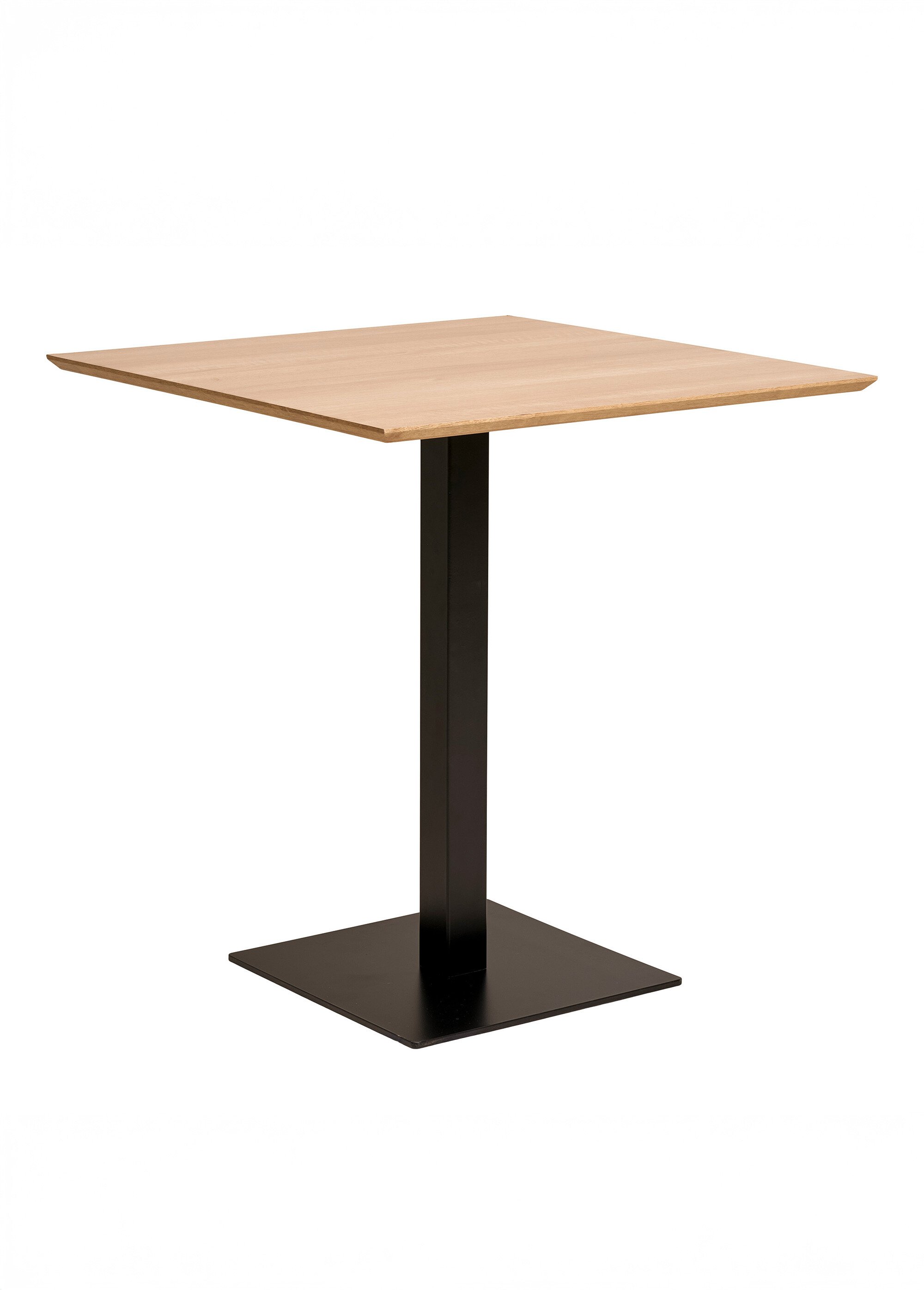Table carrée type bois clair, pied acier