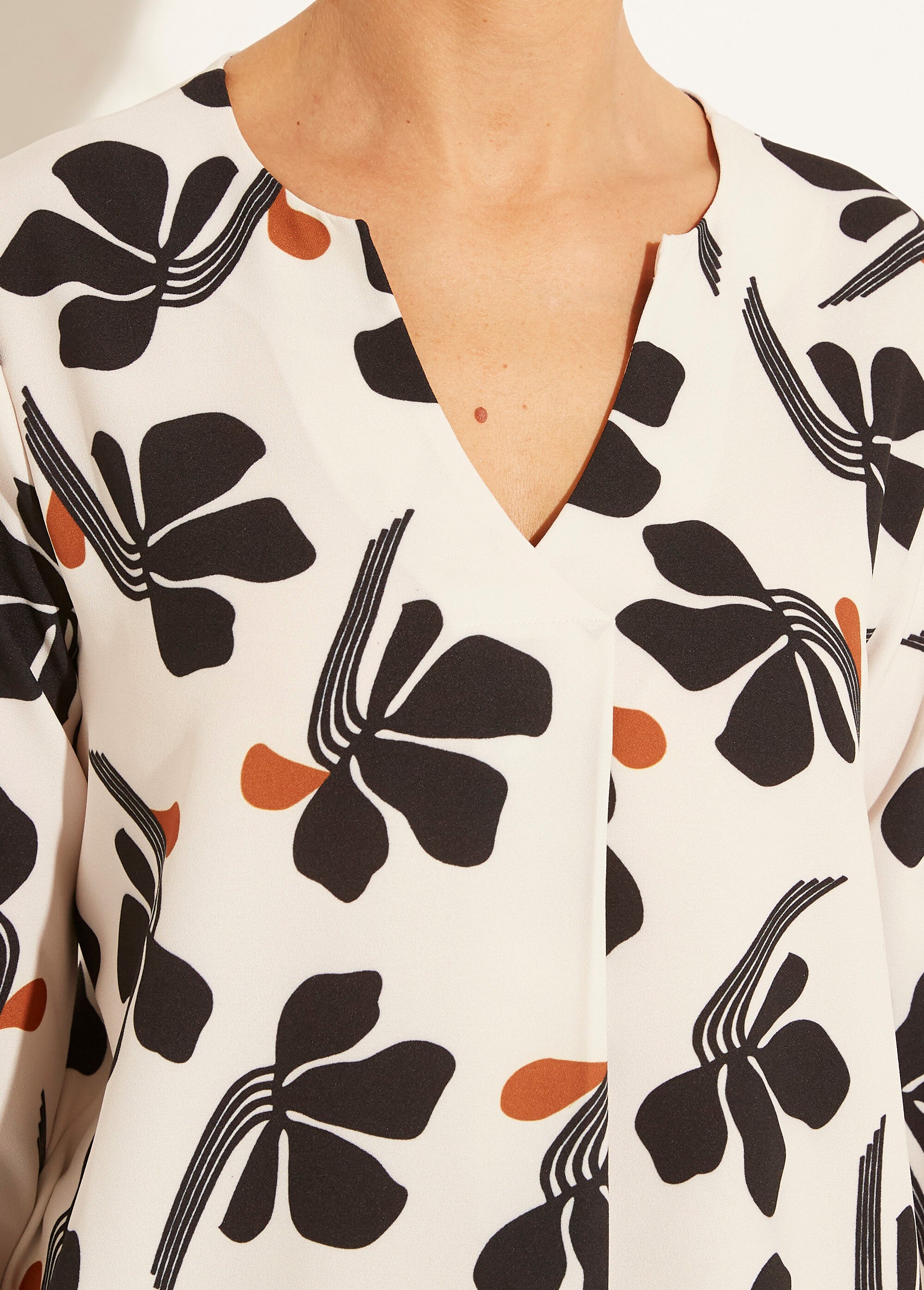 Tunique ample col V imprimée manches 3/4 Femme Blanc CADANE DE1