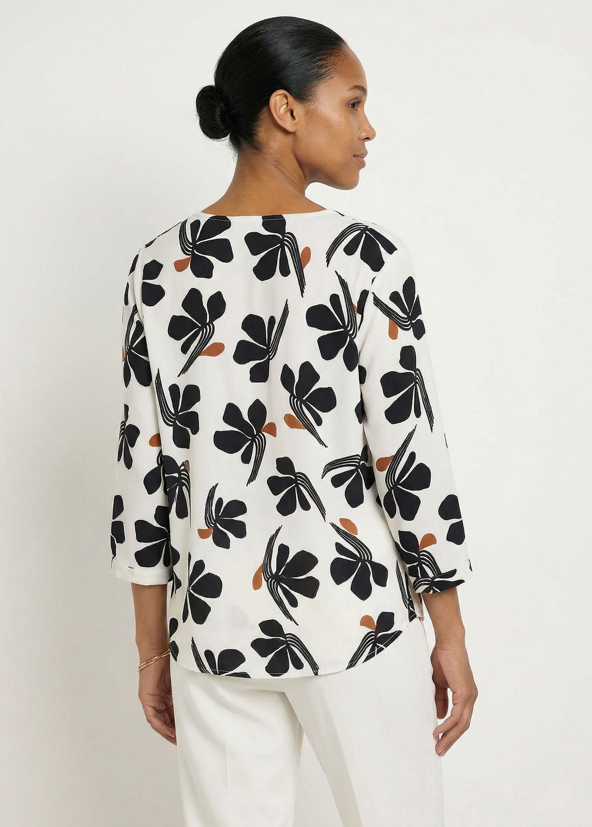 Tunique ample col V imprimée manches 3/4