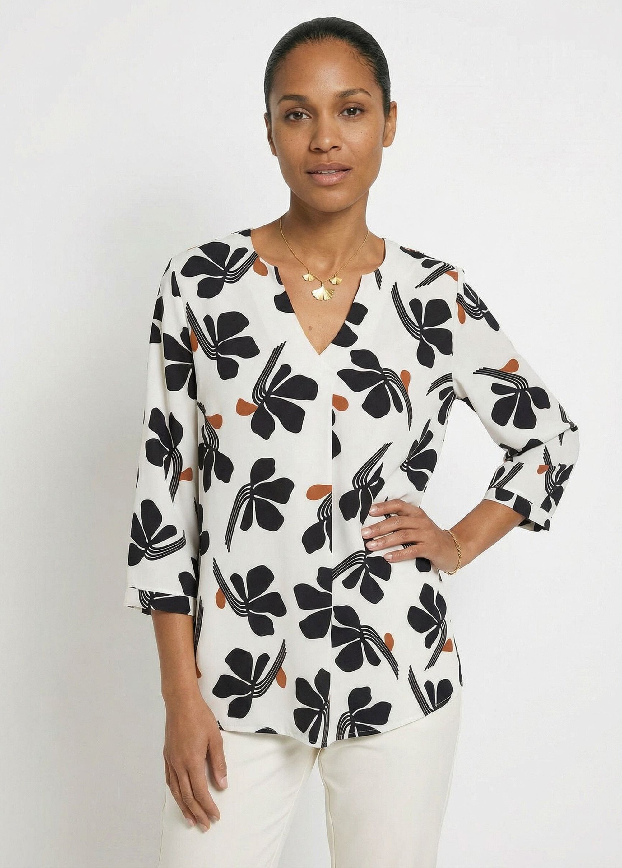 Tunique ample col V imprimée manches 3/4 Femme Blanc CADANE FA1