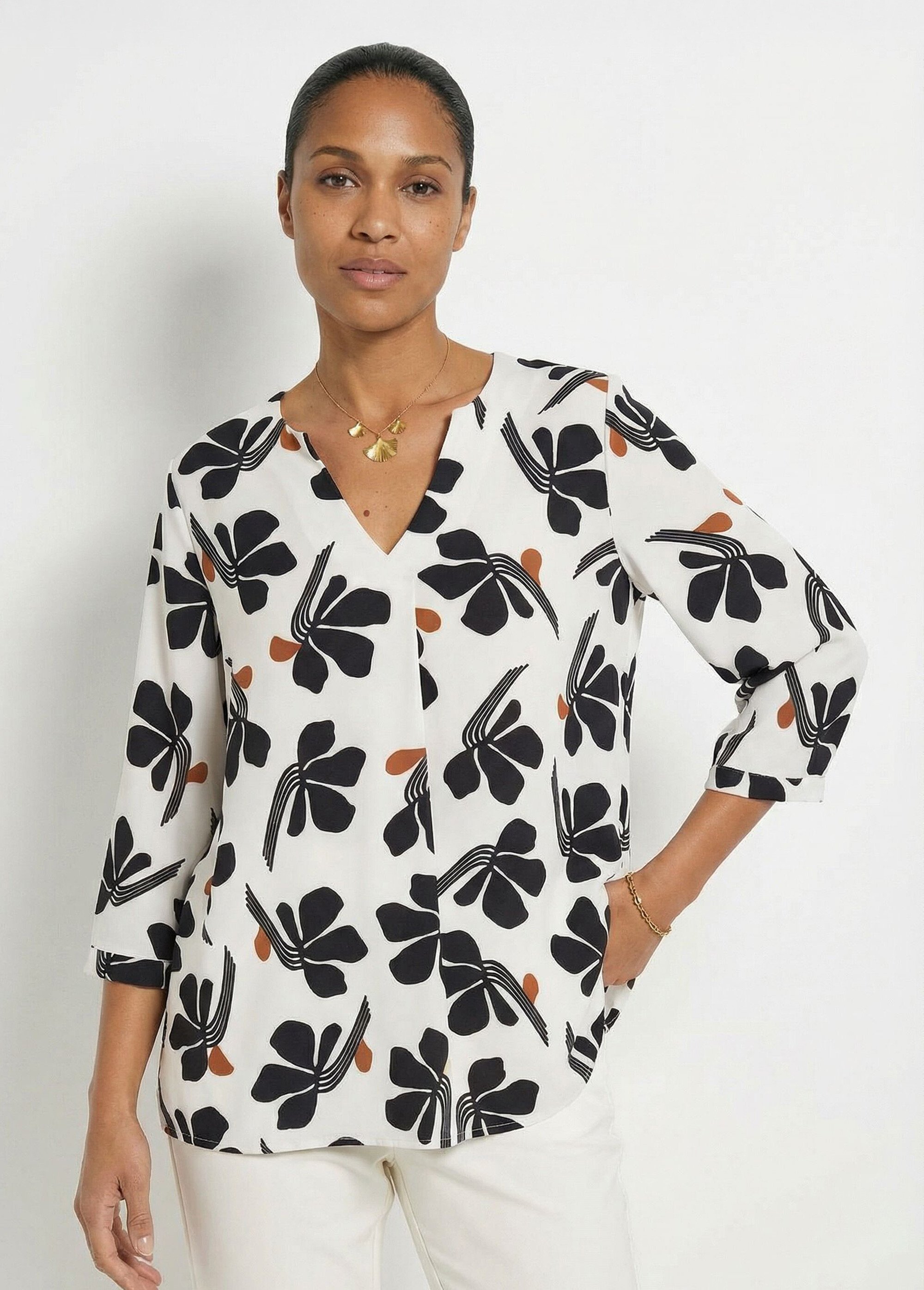 Tunique ample col V imprimée manches 3/4 Femme Blanc CADANE MV1