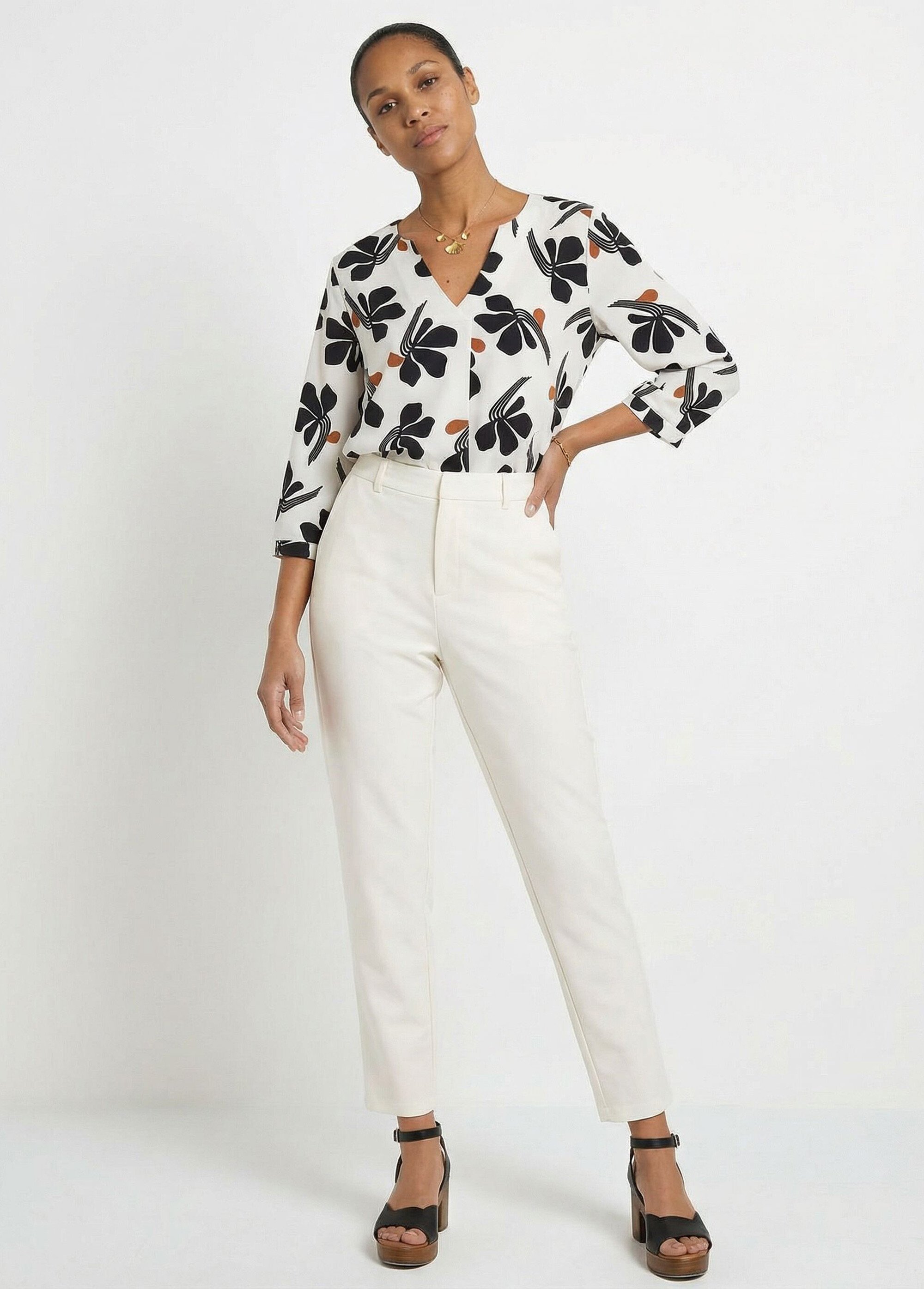 Tunique ample col V imprimée manches 3/4 Femme Blanc CADANE SF1