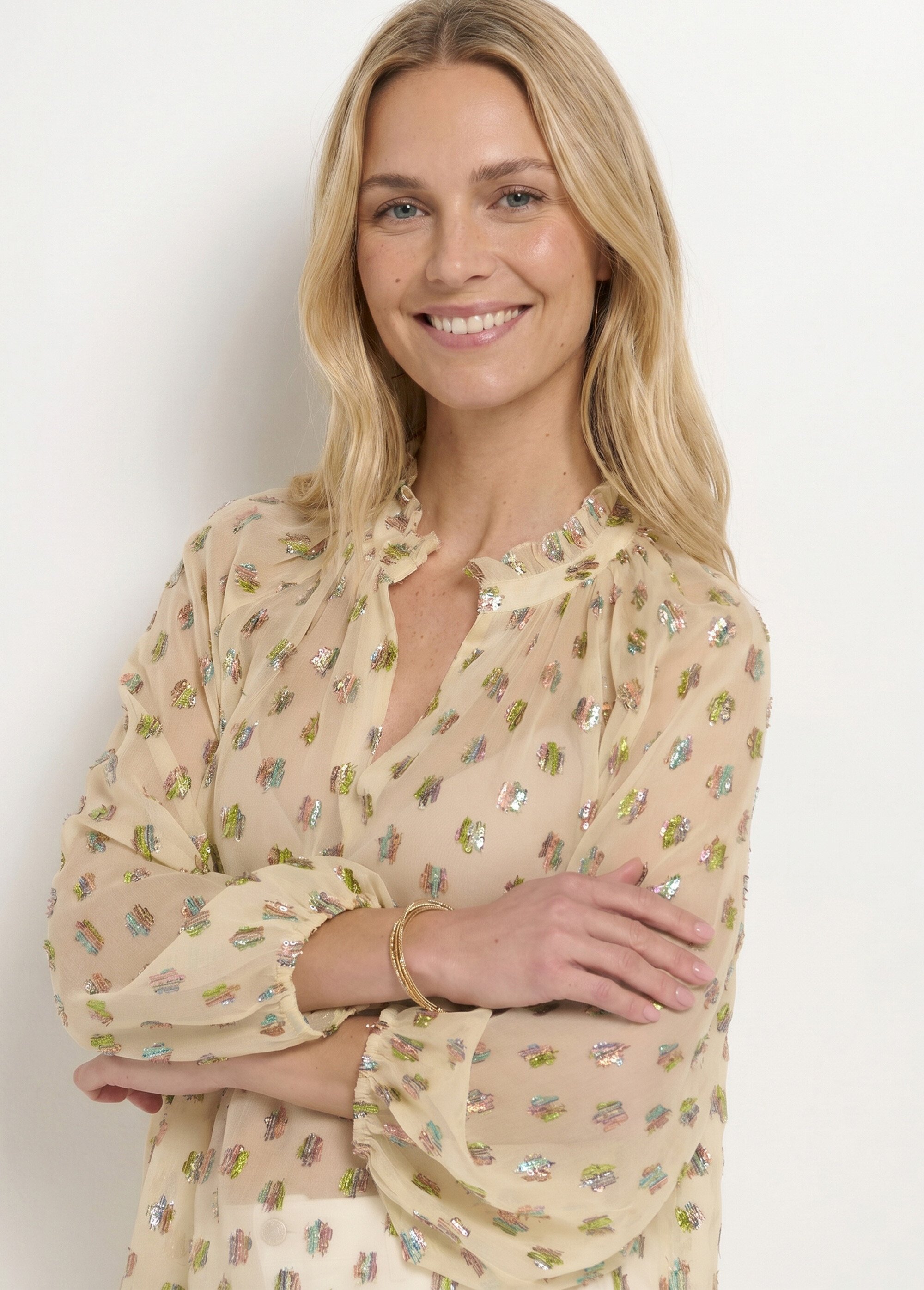Blouse voile motifs métallisés encolure V Femme Beige ANG-SOUELLA DE1