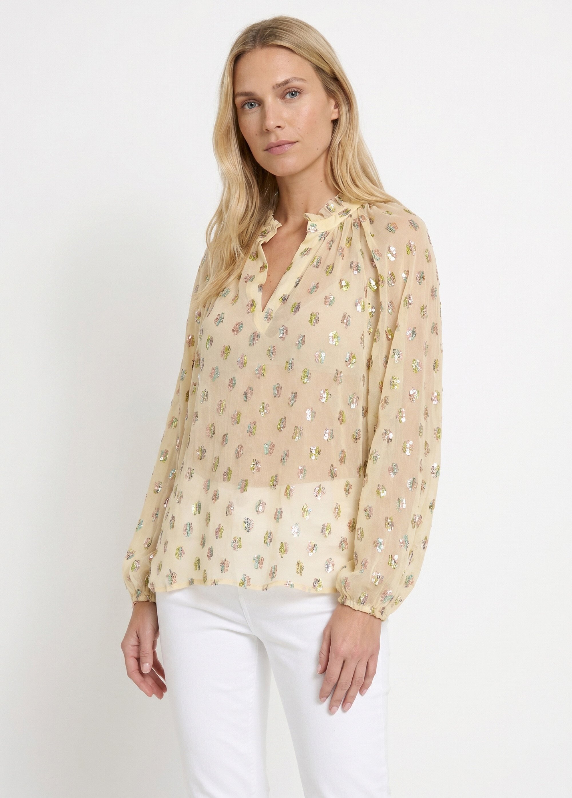 Blouse voile motifs métallisés encolure V Femme Beige ANG-SOUELLA FA1