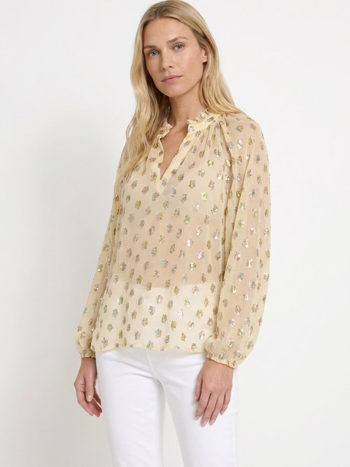 Blouse voile motifs métallisés encolure V Femme Beige ANG-SOUELLA FA1