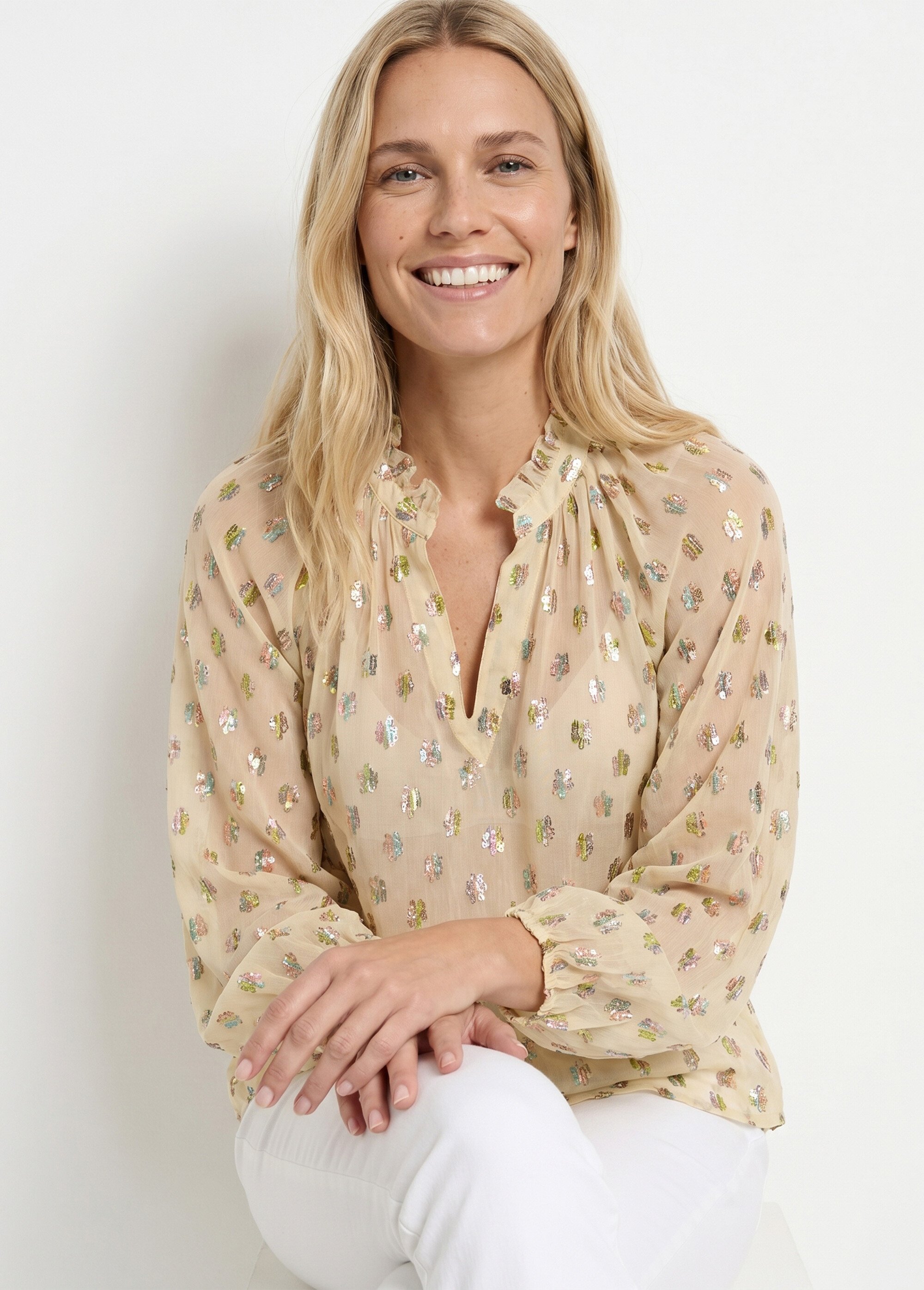 Blouse voile motifs métallisés encolure V Femme Beige ANG-SOUELLA MV1