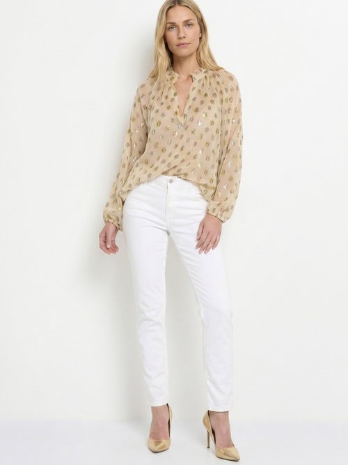 Blouse voile motifs métallisés encolure V Femme Beige ANG-SOUELLA SI1