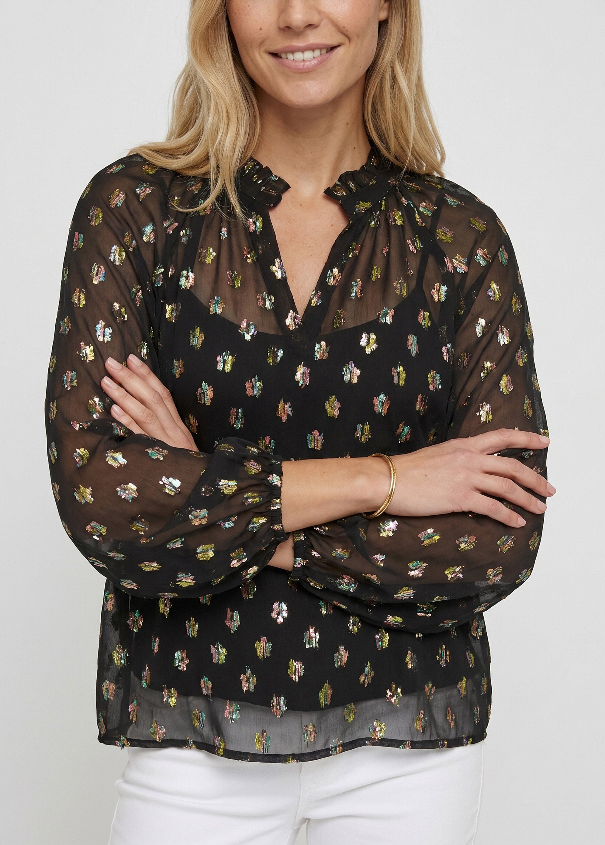 Blouse voile motifs métallisés encolure V Femme Noir ANG-SOUELLA DE1