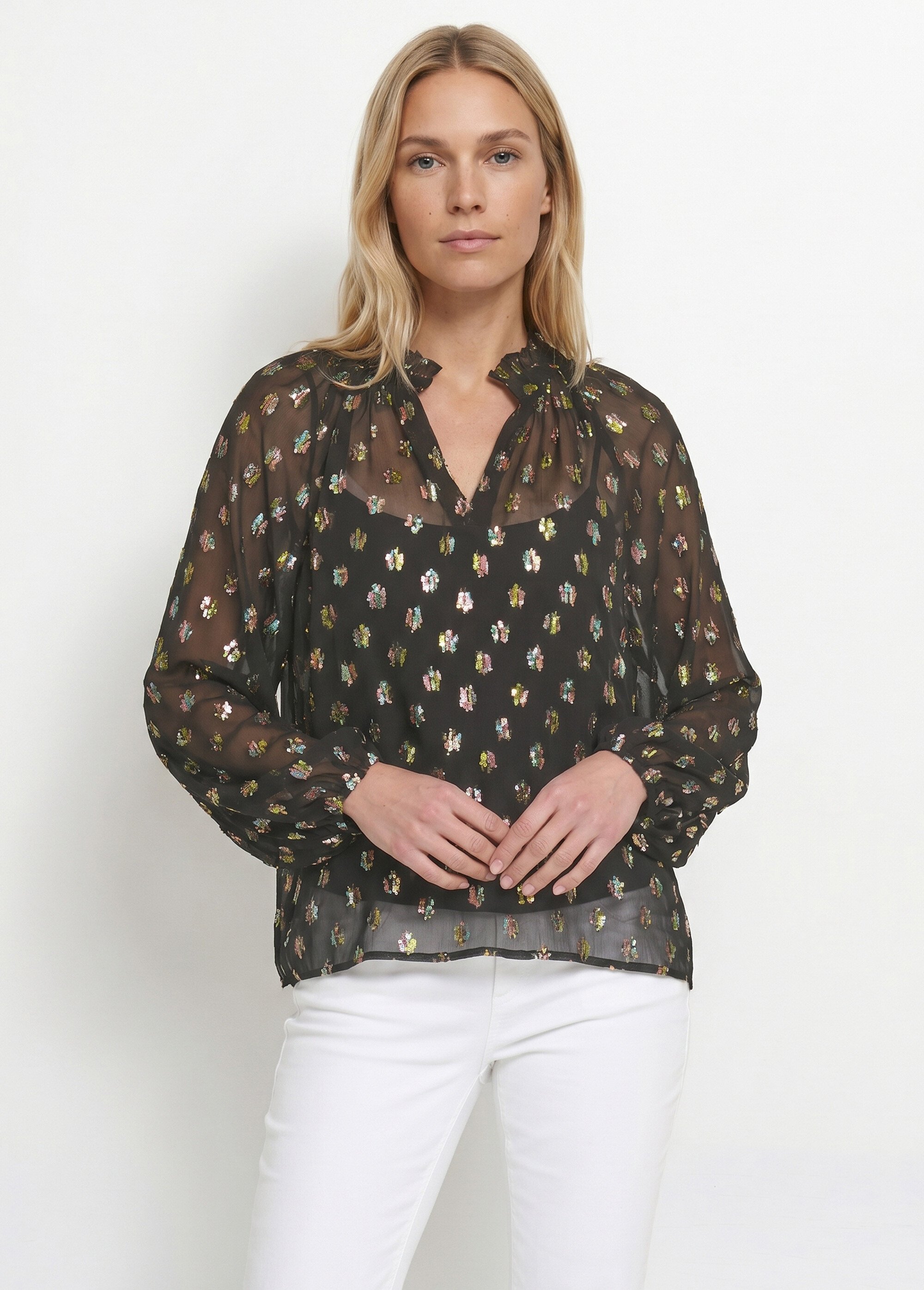 Blouse voile motifs métallisés encolure V Femme Noir ANG-SOUELLA FA1