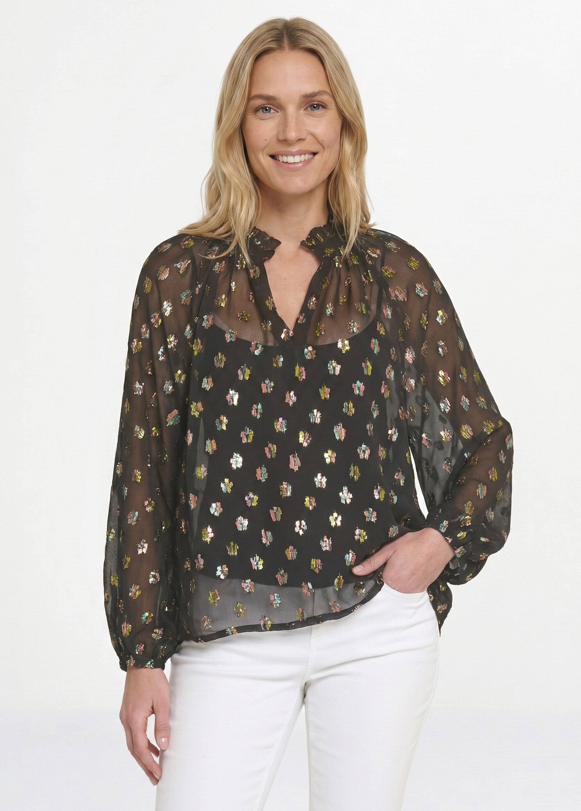 Blouse voile motifs métallisés encolure V Femme Noir ANG-SOUELLA MV1