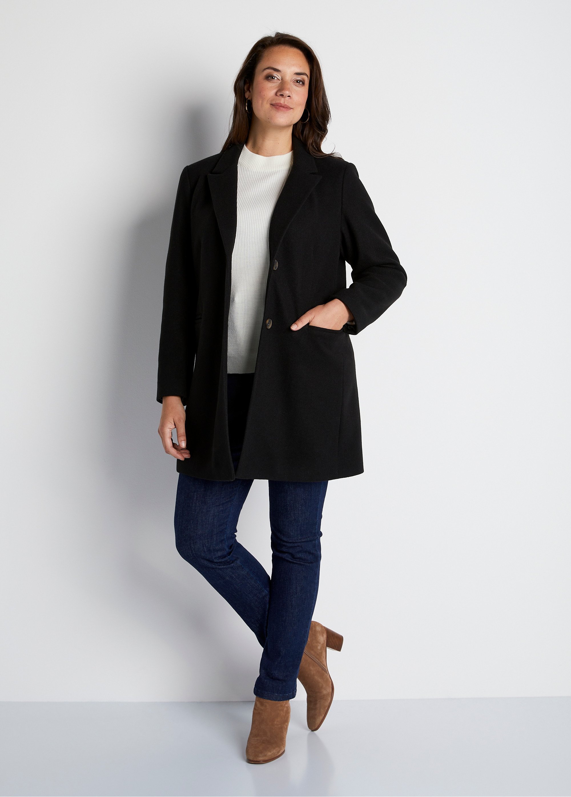 Manteau col tailleur aspect lainage Femme Grande Taille Noir TALENCE FA2