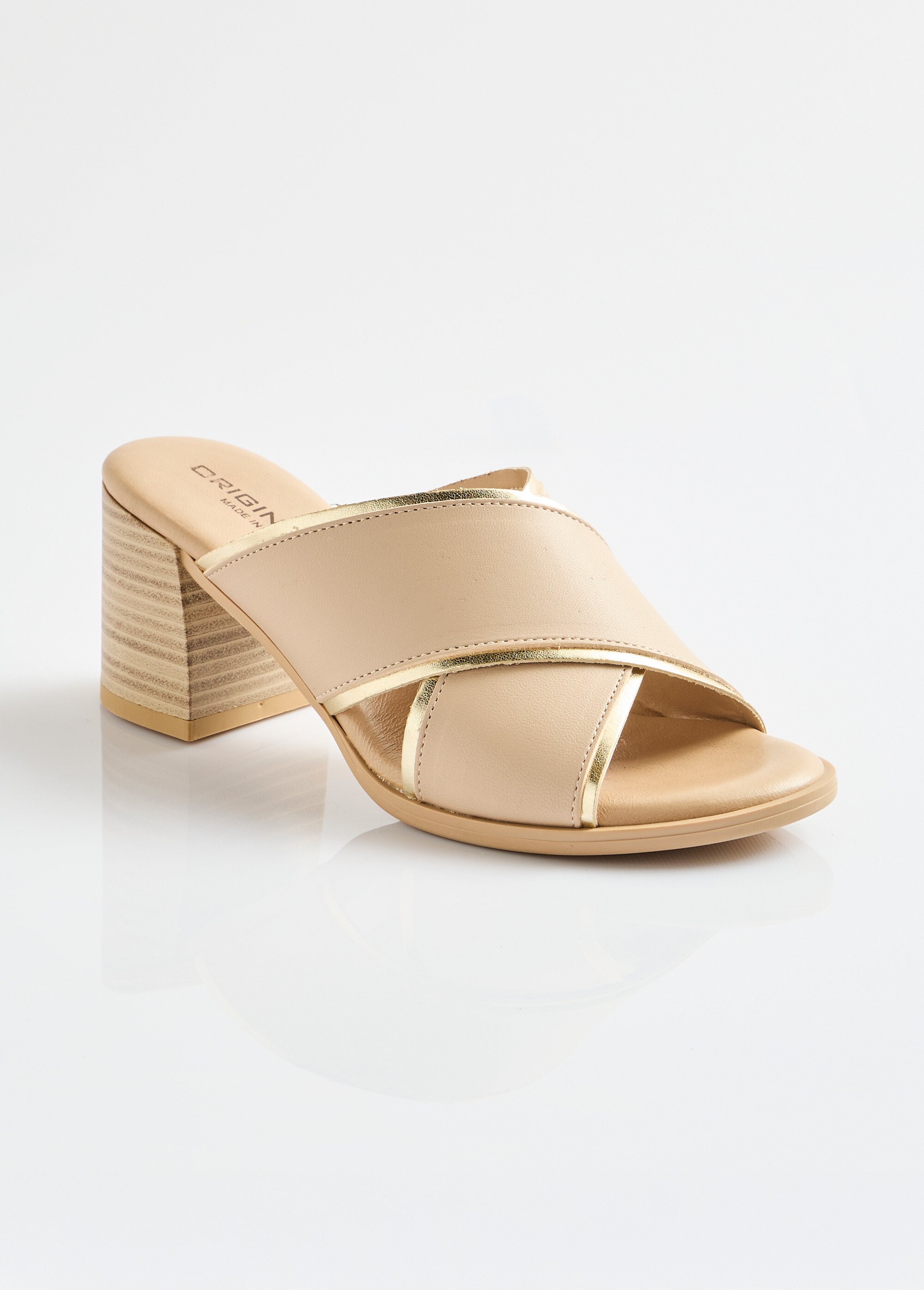 Mules brides croisées talon effet bois