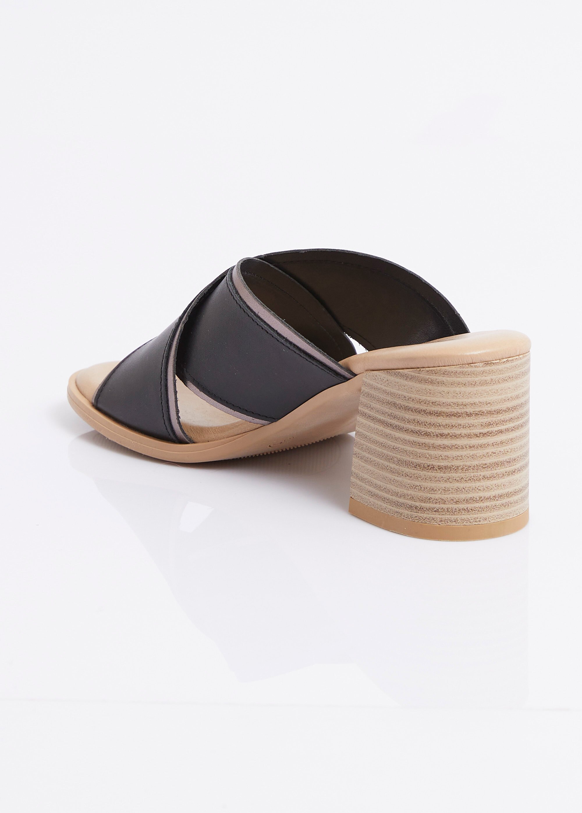 Mules brides croisées talon effet bois