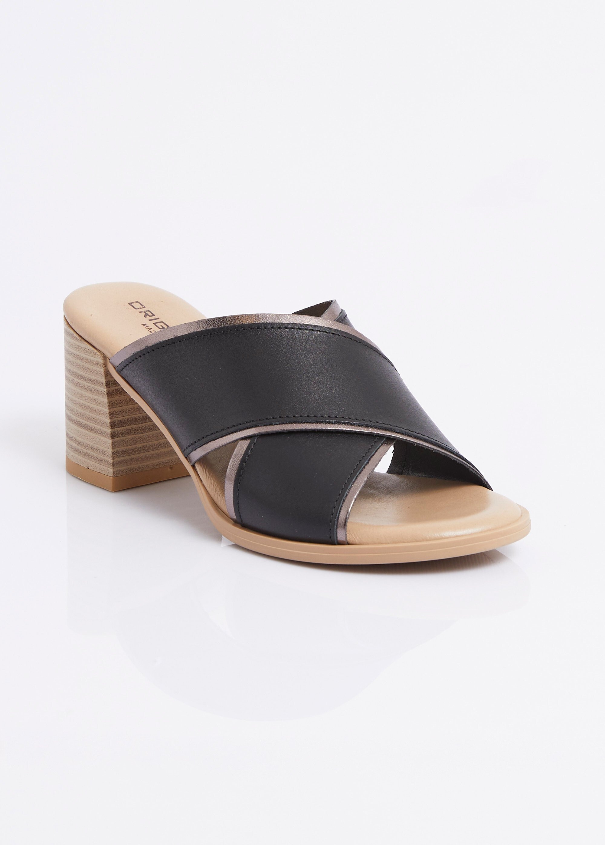 Mules brides croisées talon effet bois