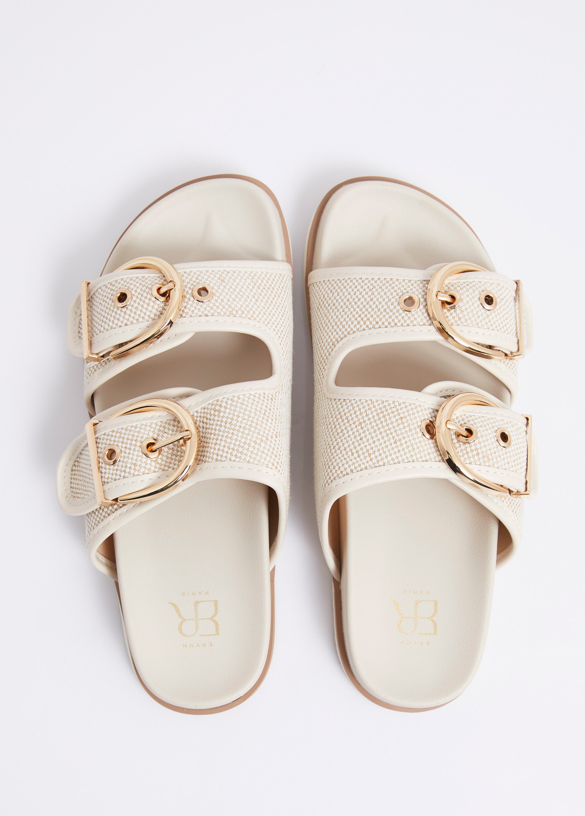 Mules chic tissu natté et boucles métal Femme Beige ERYLA-735 OV1